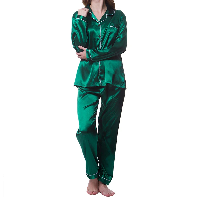 Women’s Satin Pajama Set – Long Sleeve Button-Up Top & Elastic Waist Pants