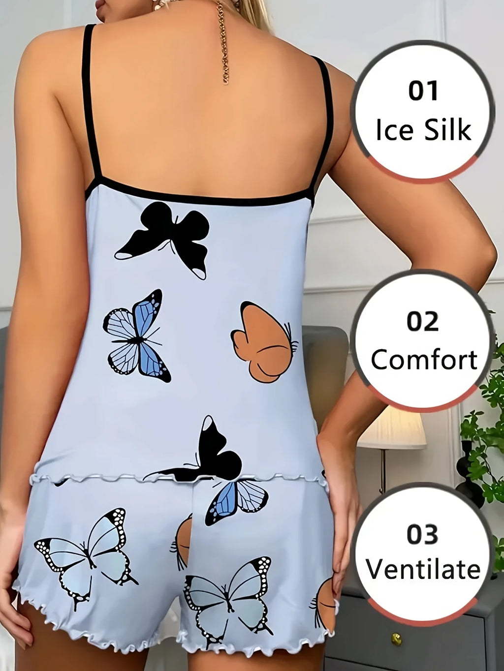 Women’s Butterfly Print Pajama Set – Cami Top & Ruffle Shorts, Summer Sleepwear
