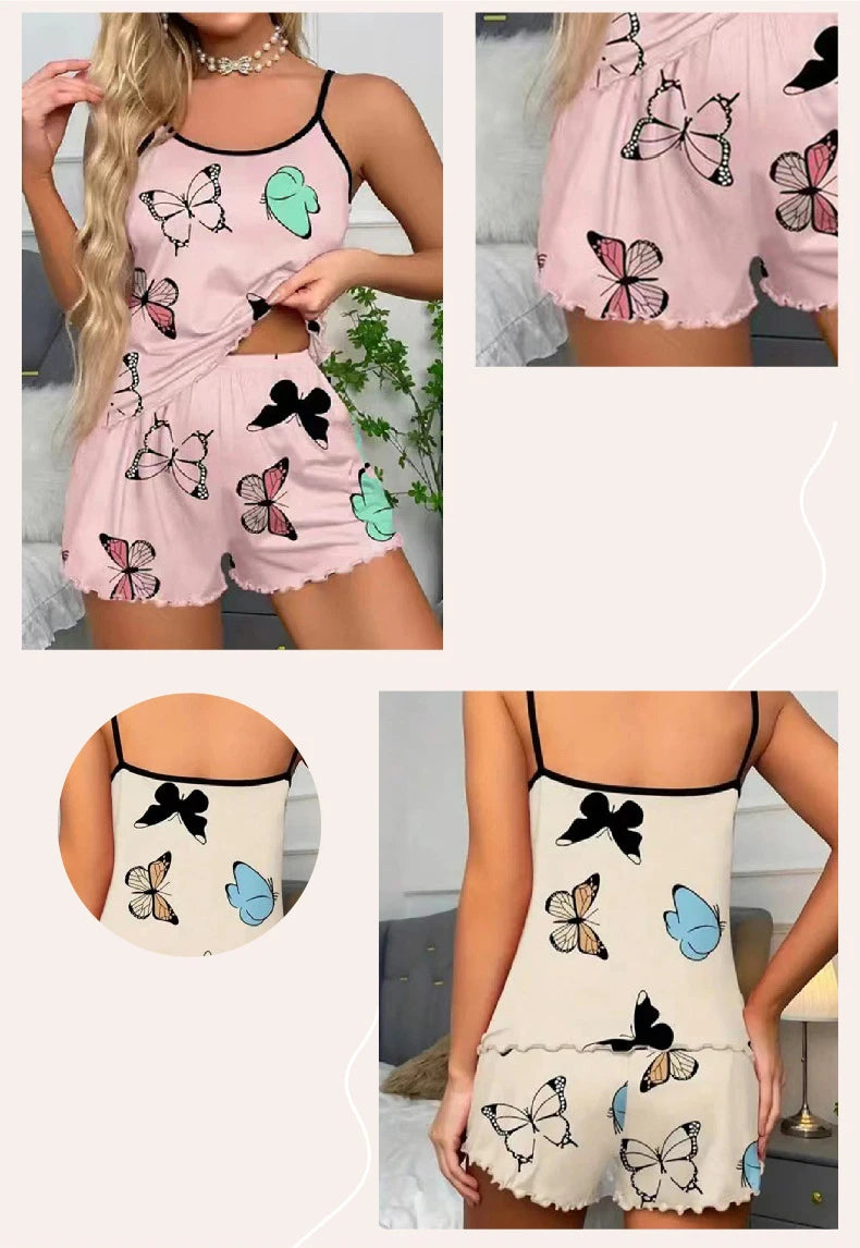 Women’s Butterfly Print Pajama Set – Cami Top & Ruffle Shorts, Summer Sleepwear