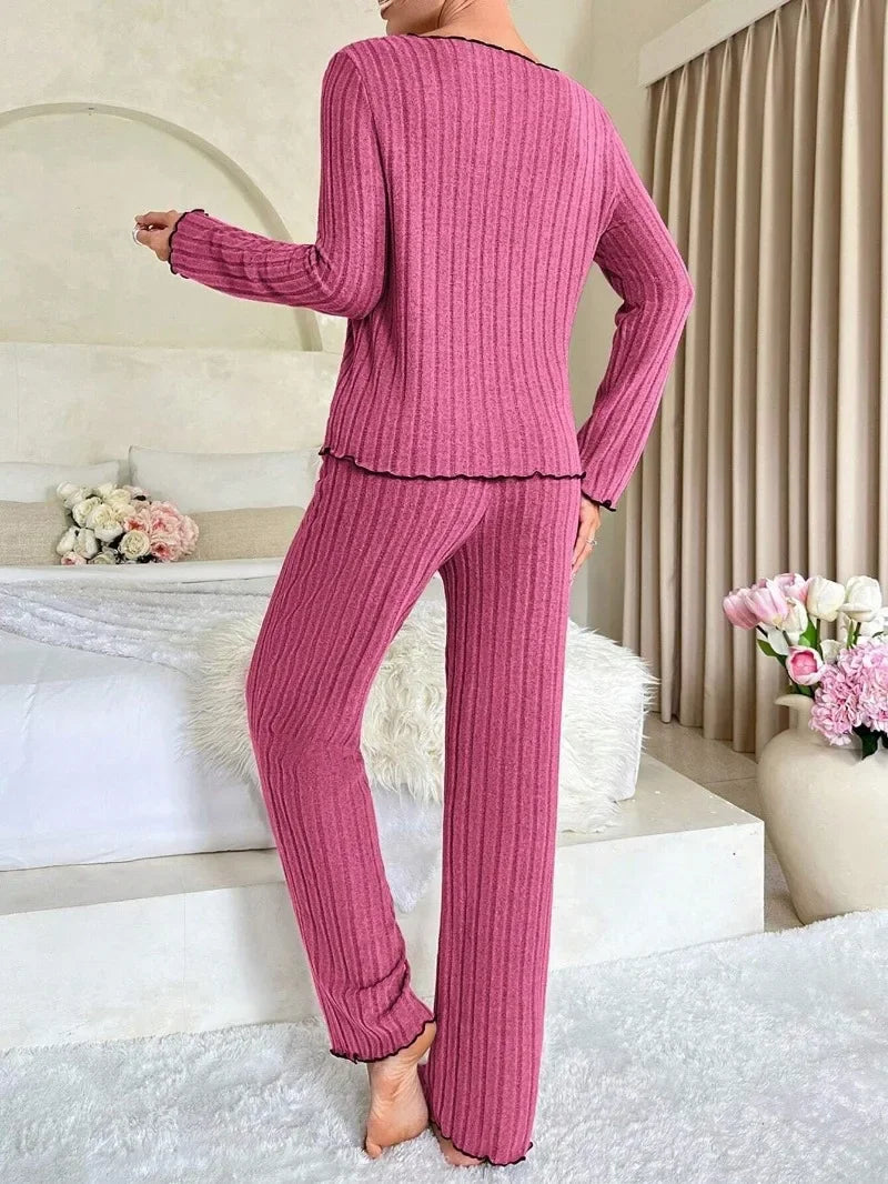 Women’s Ribbed Pajama Set – Long Sleeve Top & Pants, Cozy Fall & Winter Loungewear