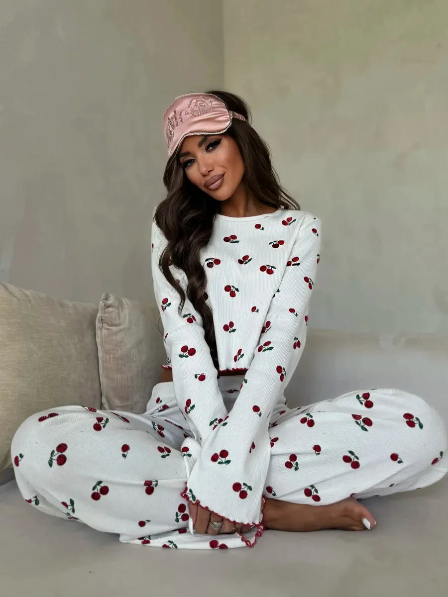 Women’s Cherry Print Pajama Set – Long Sleeve Top & Pants for Fall and Winter