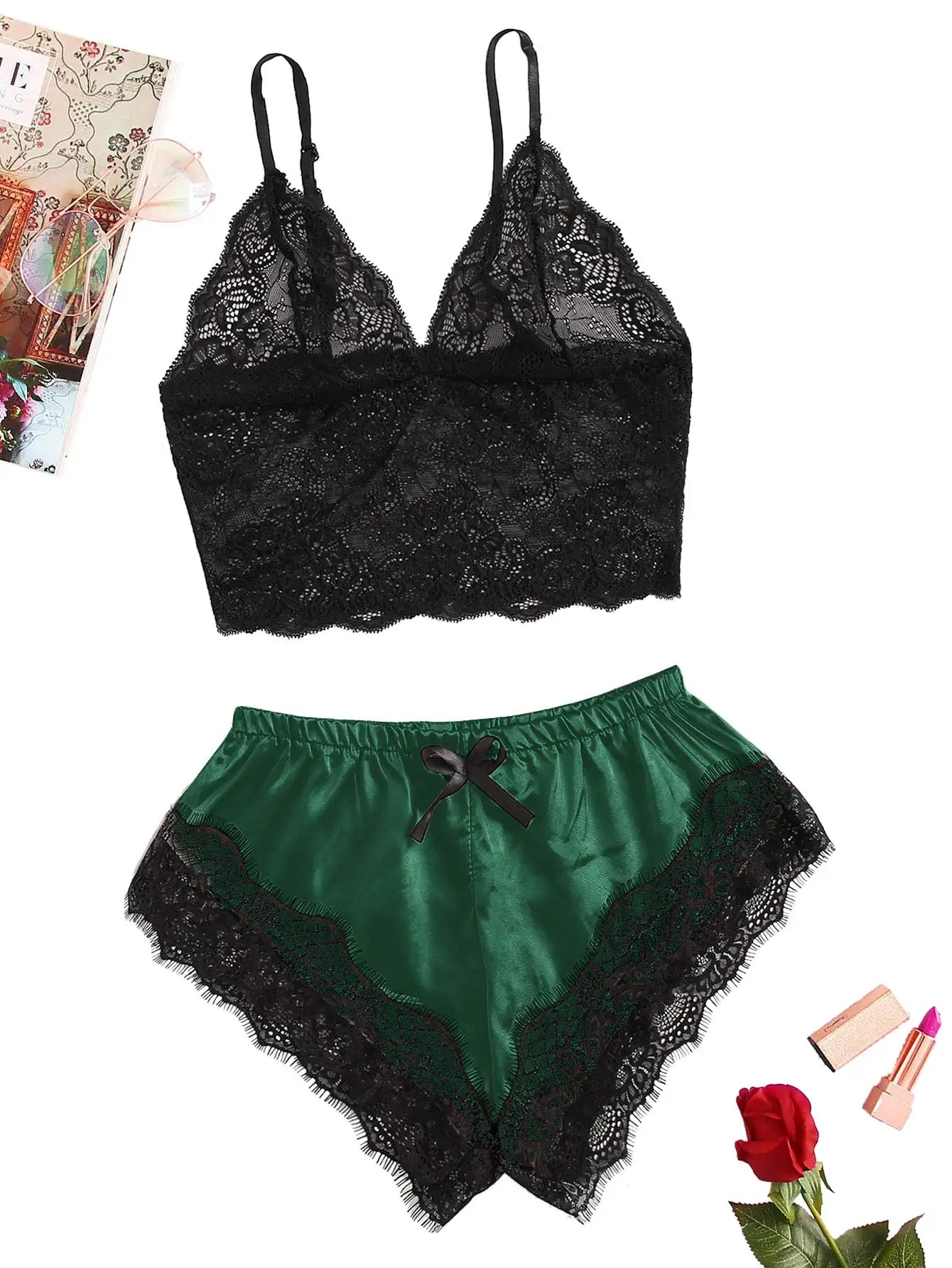 Women’s 2-Piece Satin Pajama Set – Lace Trim Cami Top & Shorts, Lightweight Summer Sleepwear