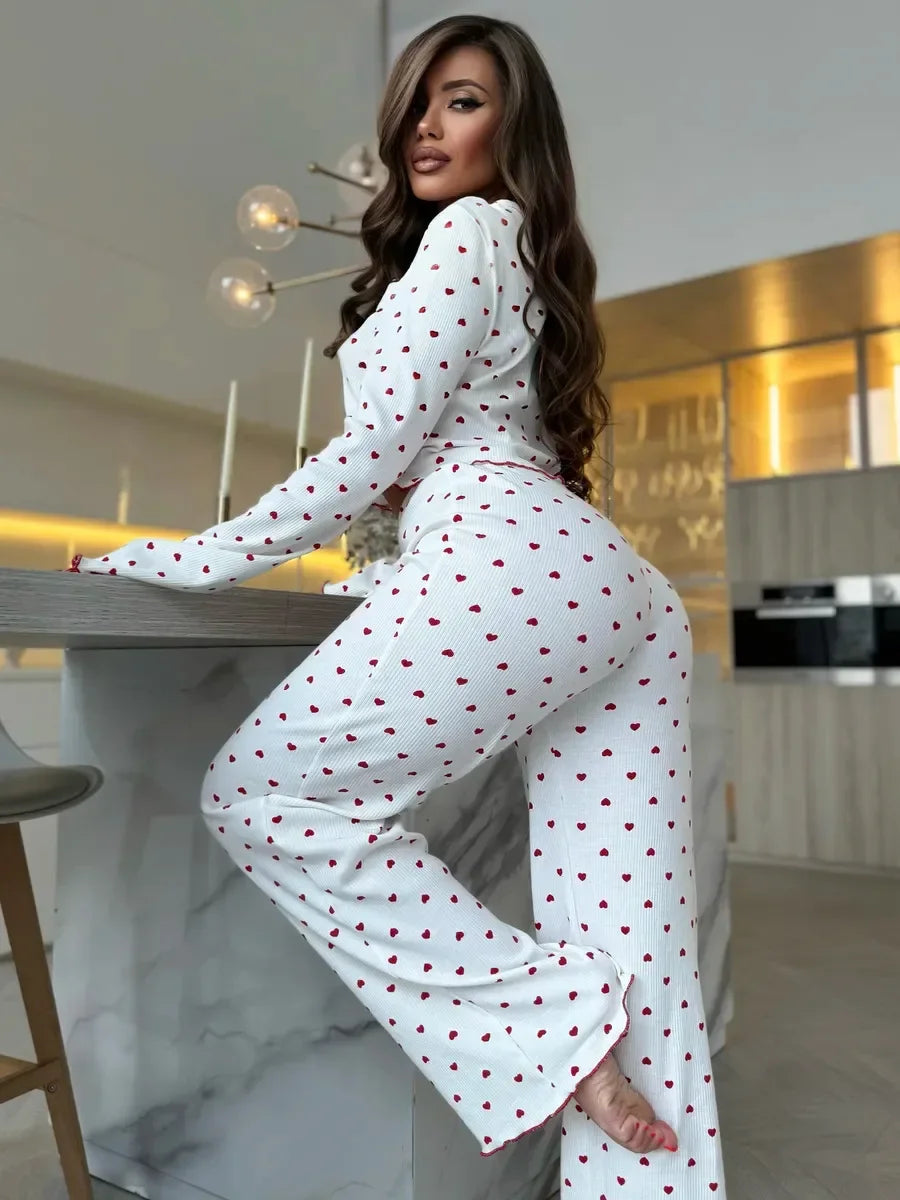 Women’s Cherry Print Pajama Set – Long Sleeve Top & Pants for Fall and Winter
