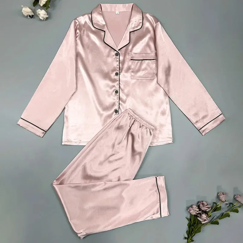 Women’s Satin Pajama Set – Long Sleeve Button-Up Top & Elastic Waist Pants