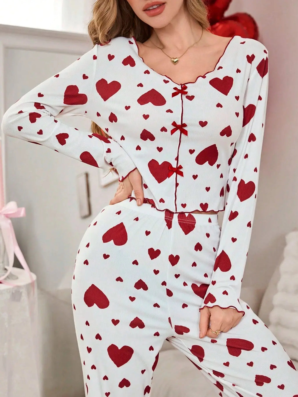 Women’s Autumn Winter Pajama Set – Heart Print Long Sleeve Top & Pants