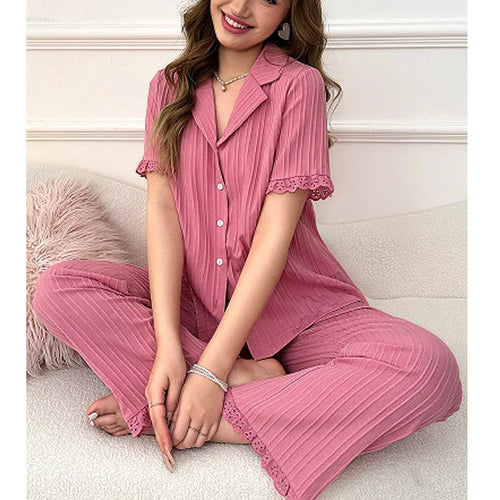 Women’s Casual Pajama Set – Short Sleeve Lapel Top & Pants with Floral Design