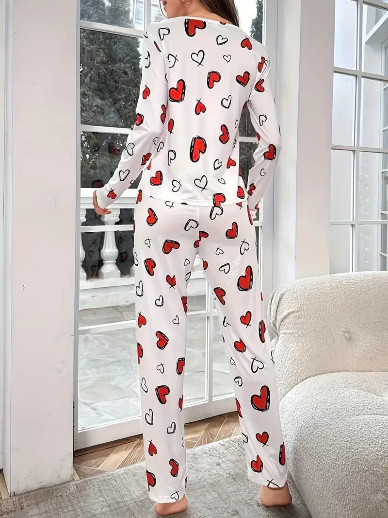 Women’s Heart Print Knit Pajama Set – Round Neck Top & Elastic Waist Pants for Fall & Winter