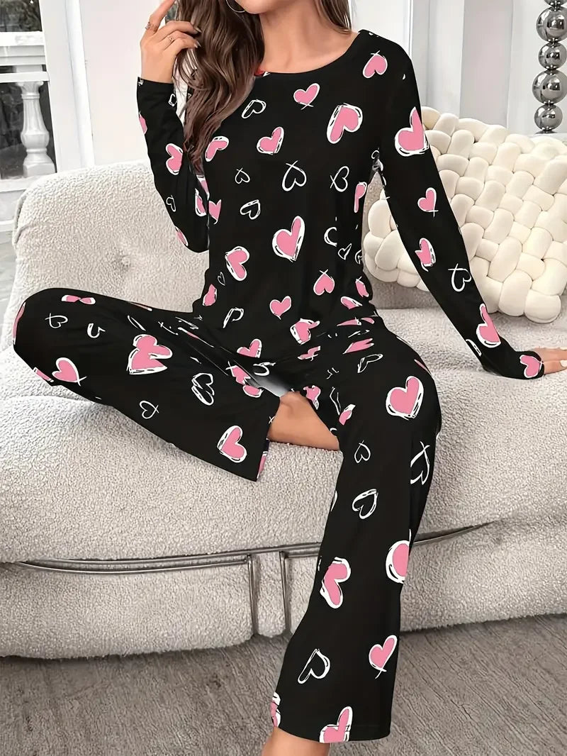 Women’s Heart Print Knit Pajama Set – Round Neck Top & Elastic Waist Pants for Fall & Winter