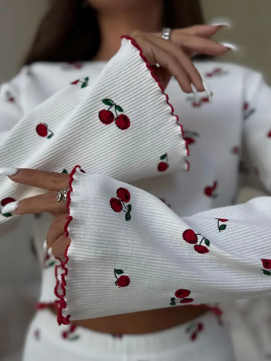 Women’s Cherry Print Pajama Set – Long Sleeve Top & Pants for Fall and Winter