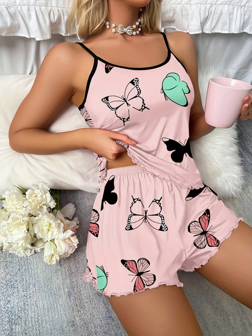 Women’s Butterfly Print Pajama Set – Cami Top & Ruffle Shorts, Summer Sleepwear