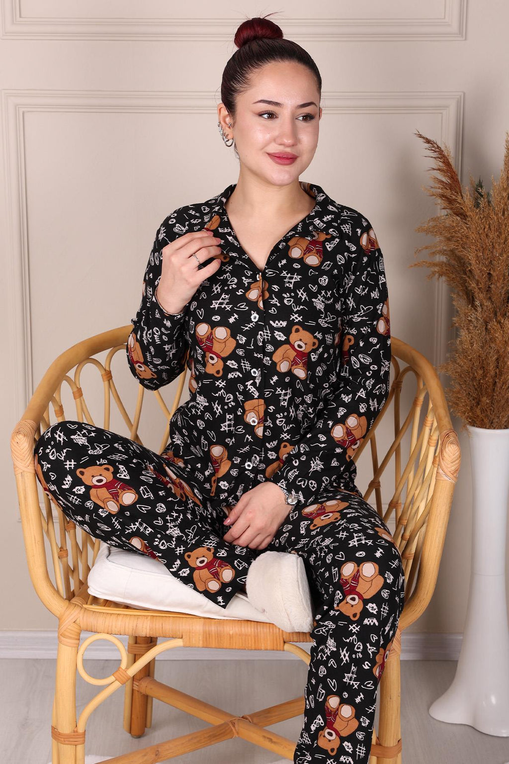 AYICIK DESENLİ SÜET ANNE-KIZ PİJAMA TAKIMI SİYAH