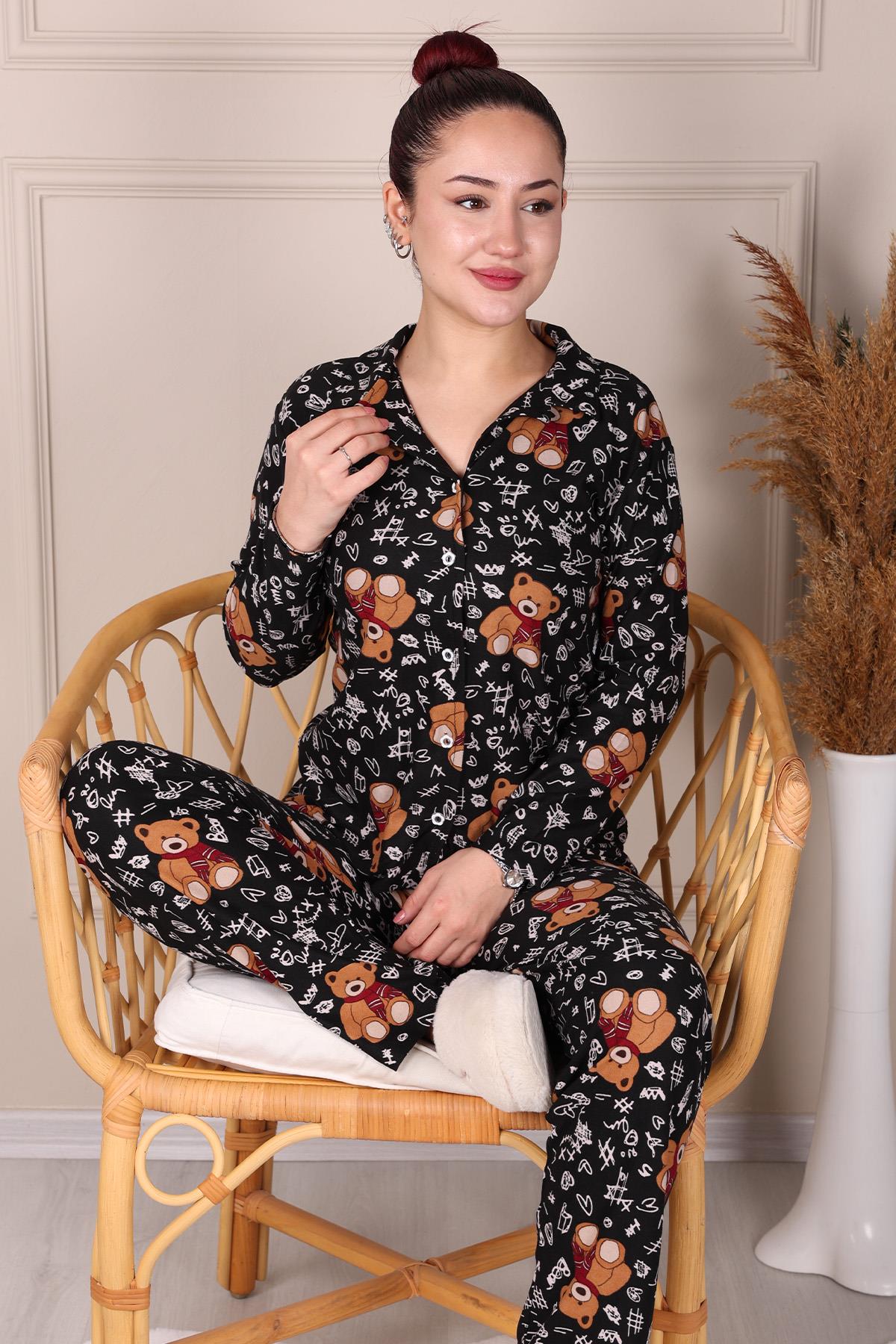 AYICIK DESENLİ SÜET ANNE-KIZ PİJAMA TAKIMI SİYAH