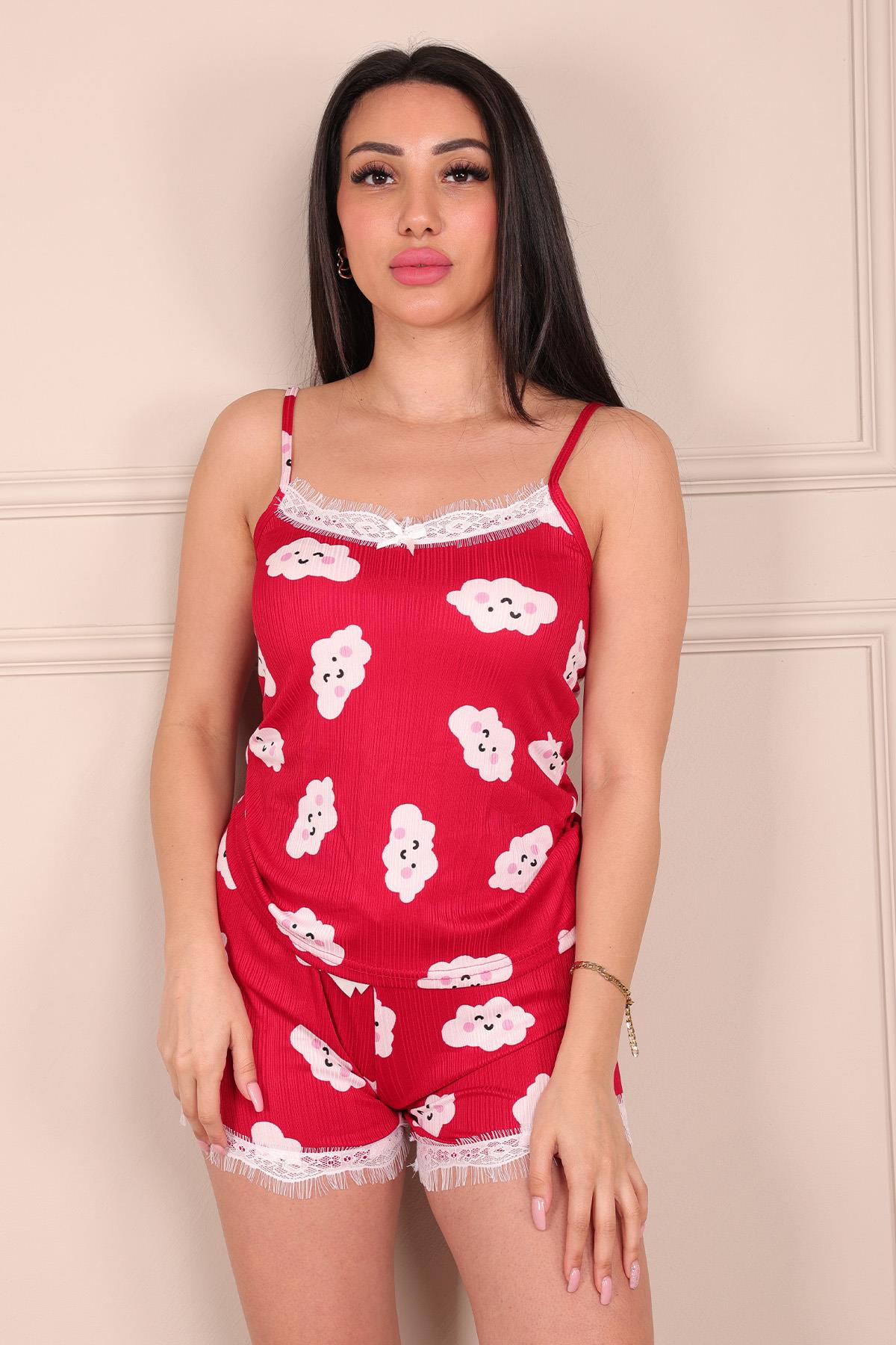 Bulut Desenli İp Askılı Şortlu Pegasus Pijama Takımı KIRMIZI