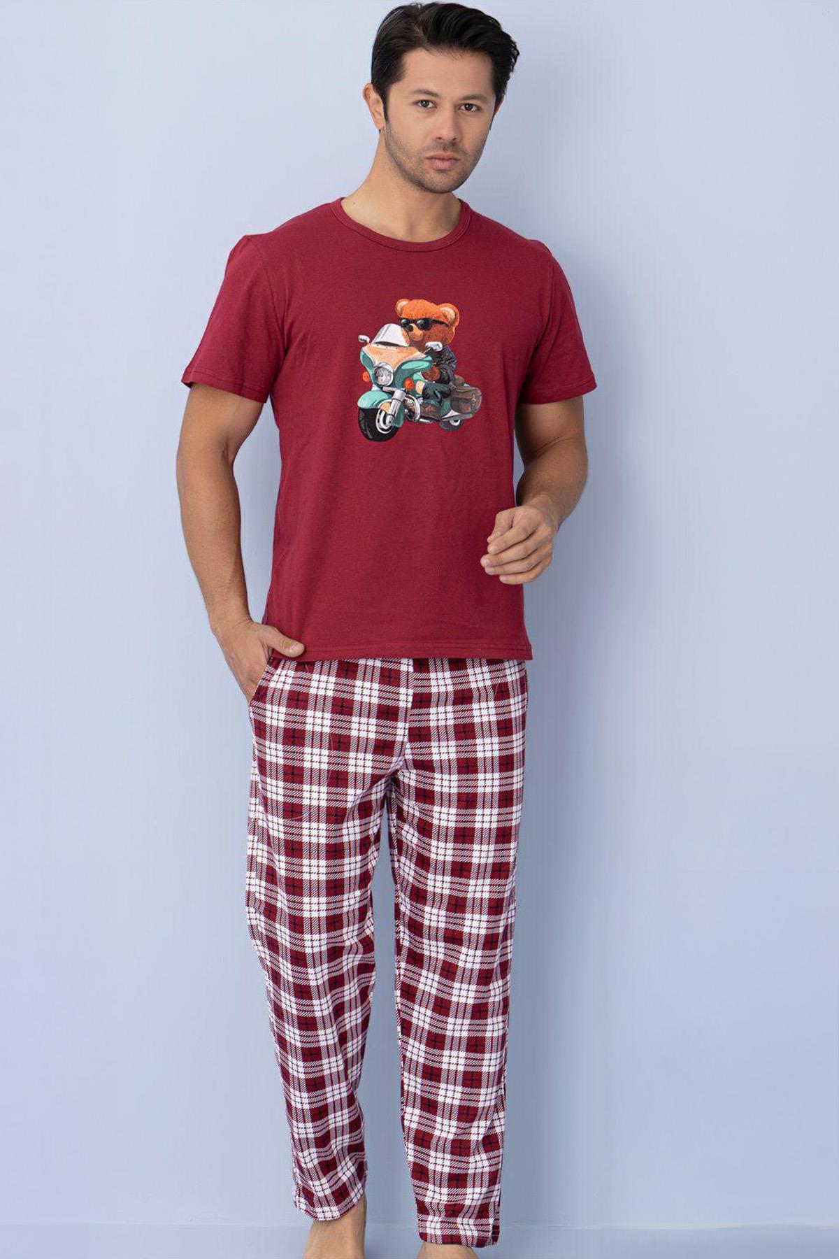 Erkek Ayıcık Desenli Kısa Kol Altı Uzun Ve Ekose Desenli  Pijama Takımı Bordo
