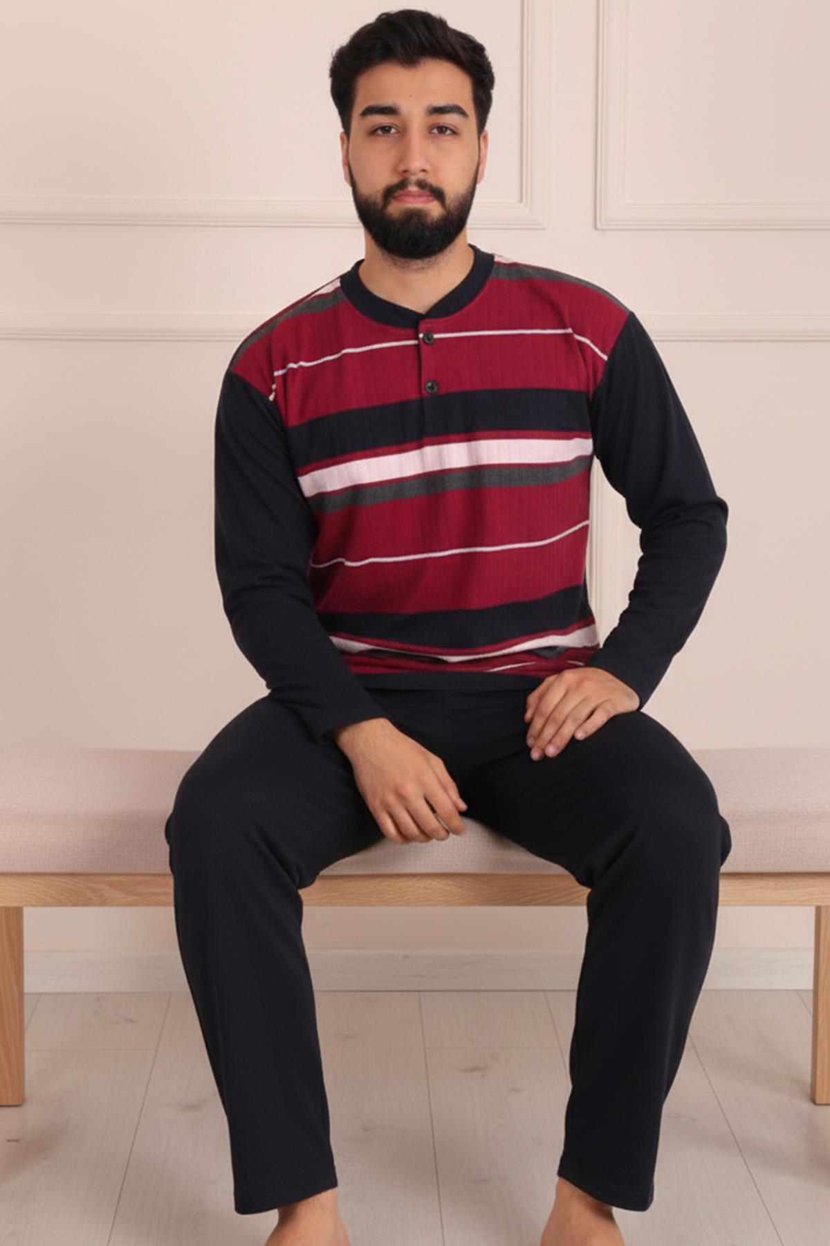 Erkek İnterlok Uzun Kol Yakası İki Düğmeli Yatay Çizgi Desenli  Altı Uzun Pijama Takımı