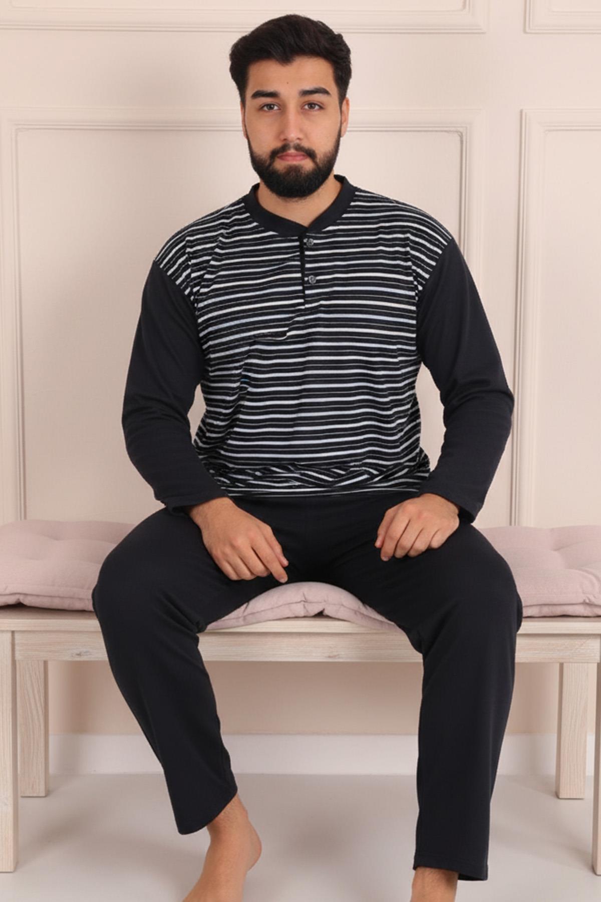 Erkek İnterlok Uzun Kol Yakası İki Düğmeli Yatay Çizgi Desenli  Altı Uzun Pijama Takımı