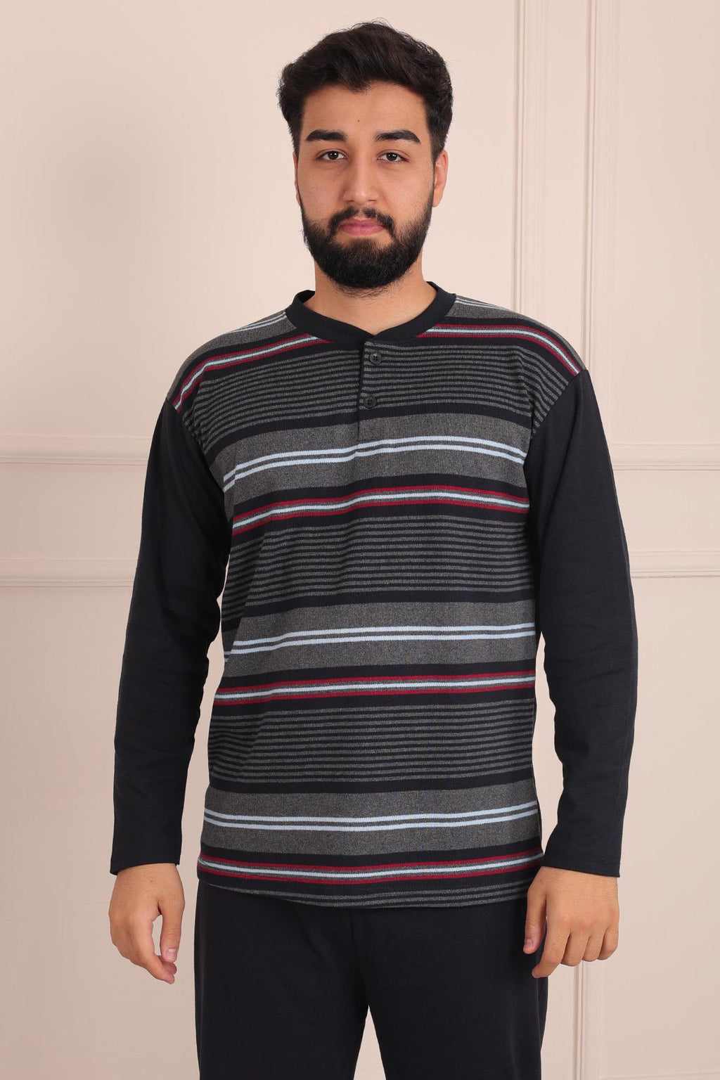 Erkek İnterlok Uzun Kol Yakası İki Düğmeli Yatay Çizgi Desenli  Altı Uzun Pijama Takımı