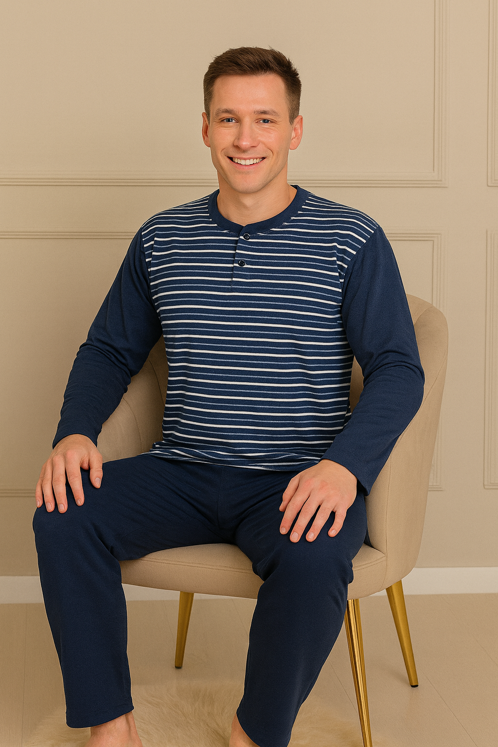 Erkek İnterlok Uzun Kol Yakası İki Düğmeli Yatay Çizgi Desenli Altı Uzun Pijama Takımı