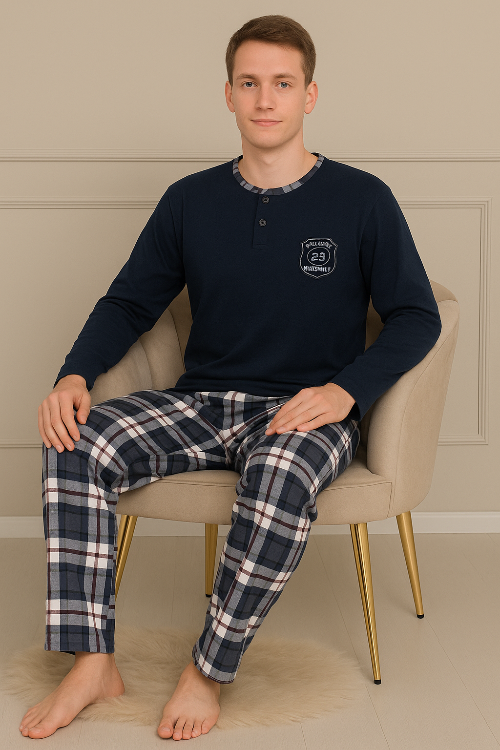 Erkek İnterlok Uzun Kol Yakası İki Düğmeli Göğsü Nakış İşlemeli Altı Ekoseli Ve  Uzun Pijama Takımı