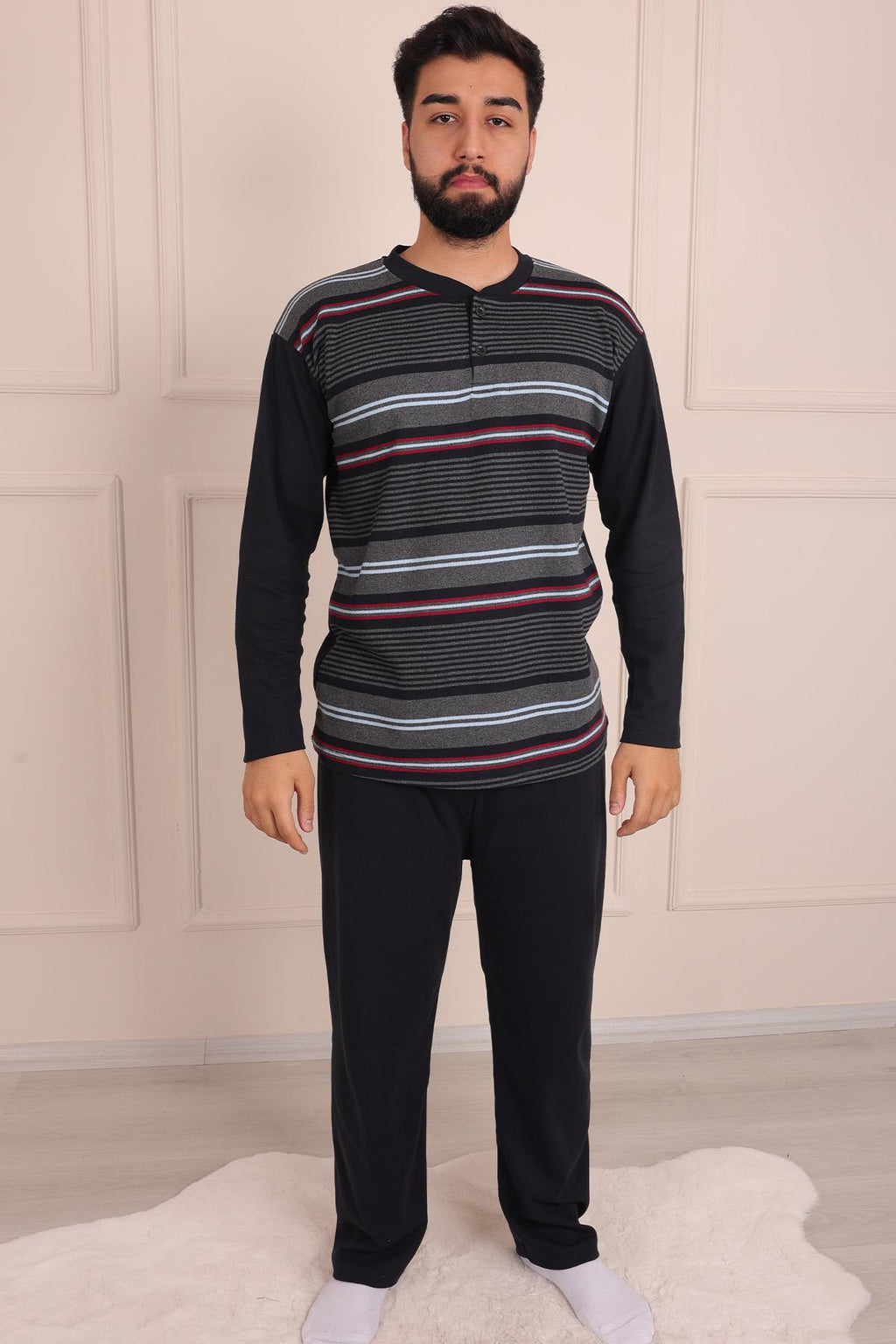 Erkek İnterlok Uzun Kol Yakası İki Düğmeli Yatay Çizgi Desenli  Altı Uzun Pijama Takımı