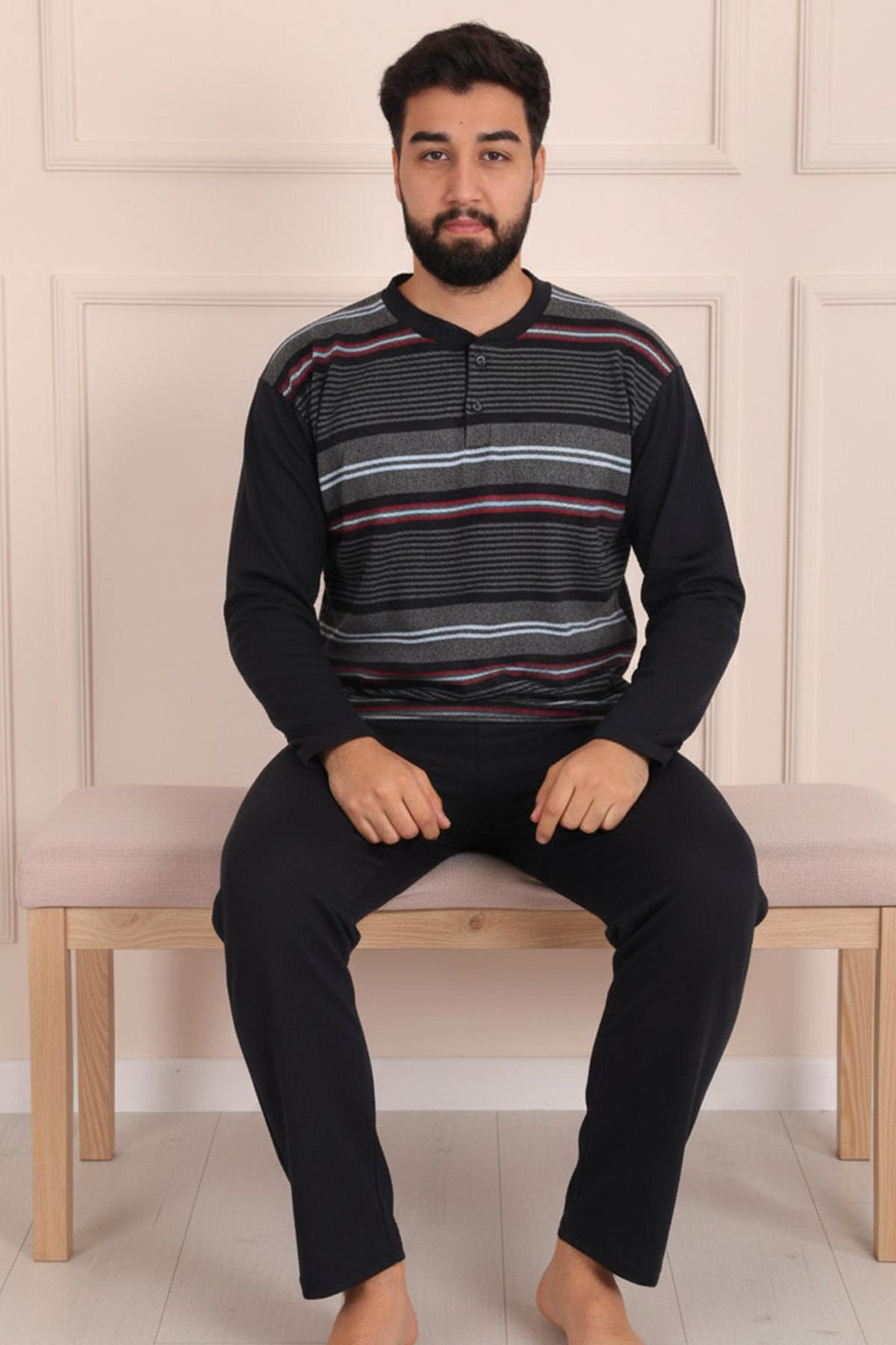 Erkek İnterlok Uzun Kol Yakası İki Düğmeli Yatay Çizgi Desenli  Altı Uzun Pijama Takımı