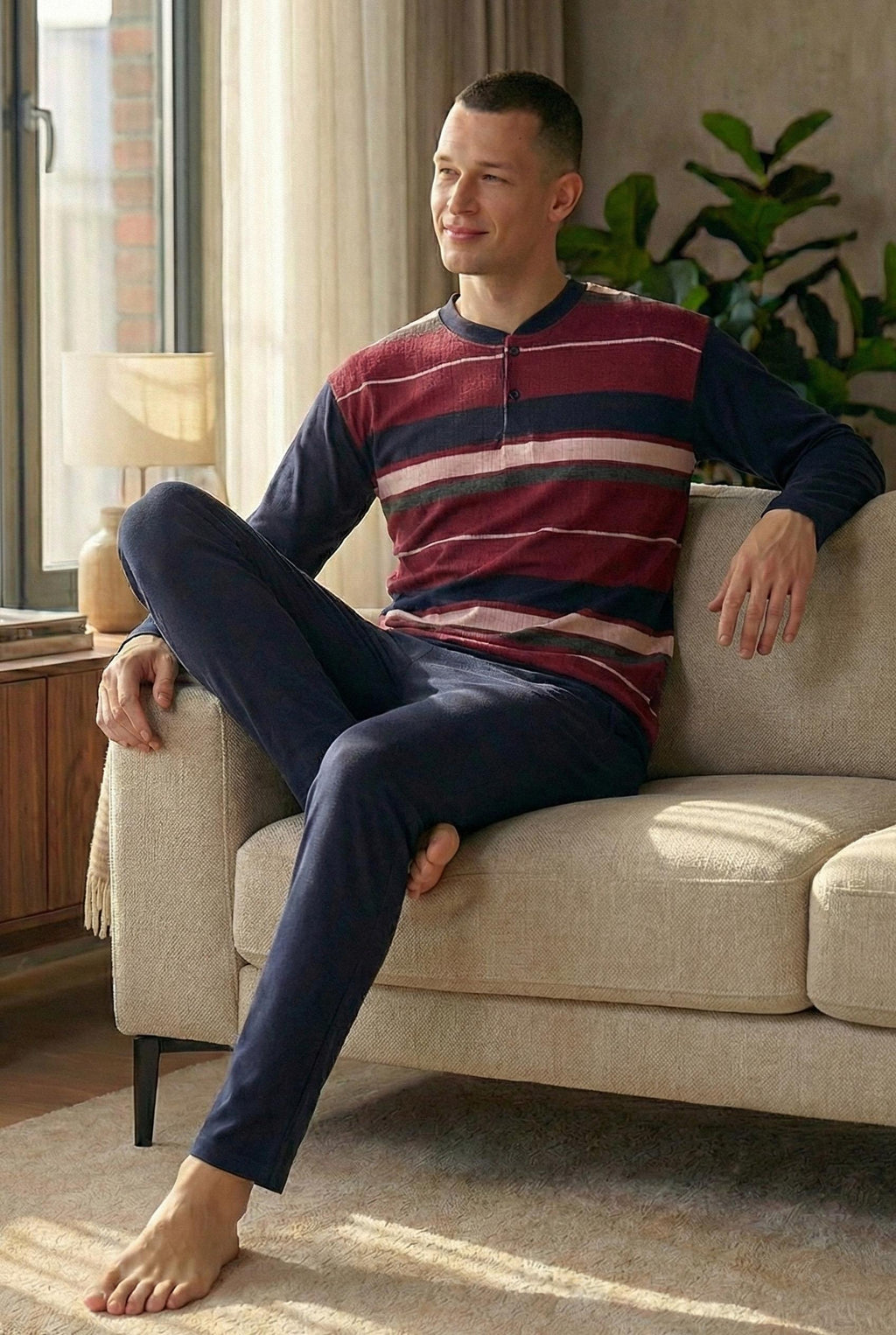 Erkek İnterlok Uzun Kol Yakası İki Düğmeli Yatay Çizgi Desenli  Altı Uzun Pijama Takımı