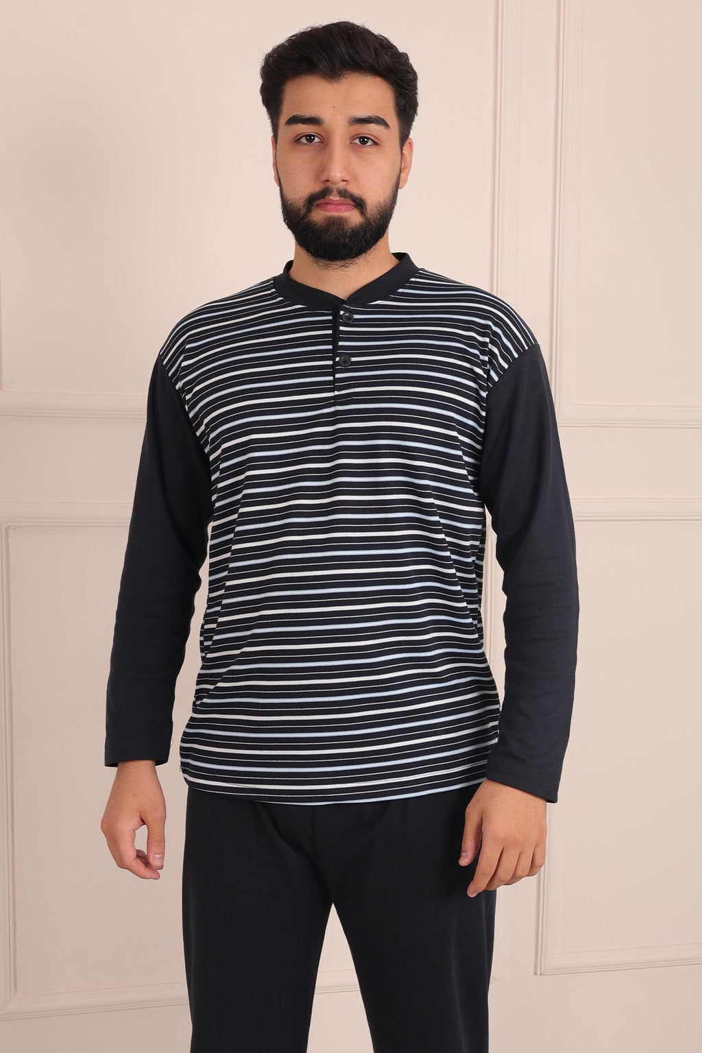 Erkek İnterlok Uzun Kol Yakası İki Düğmeli Yatay Çizgi Desenli  Altı Uzun Pijama Takımı