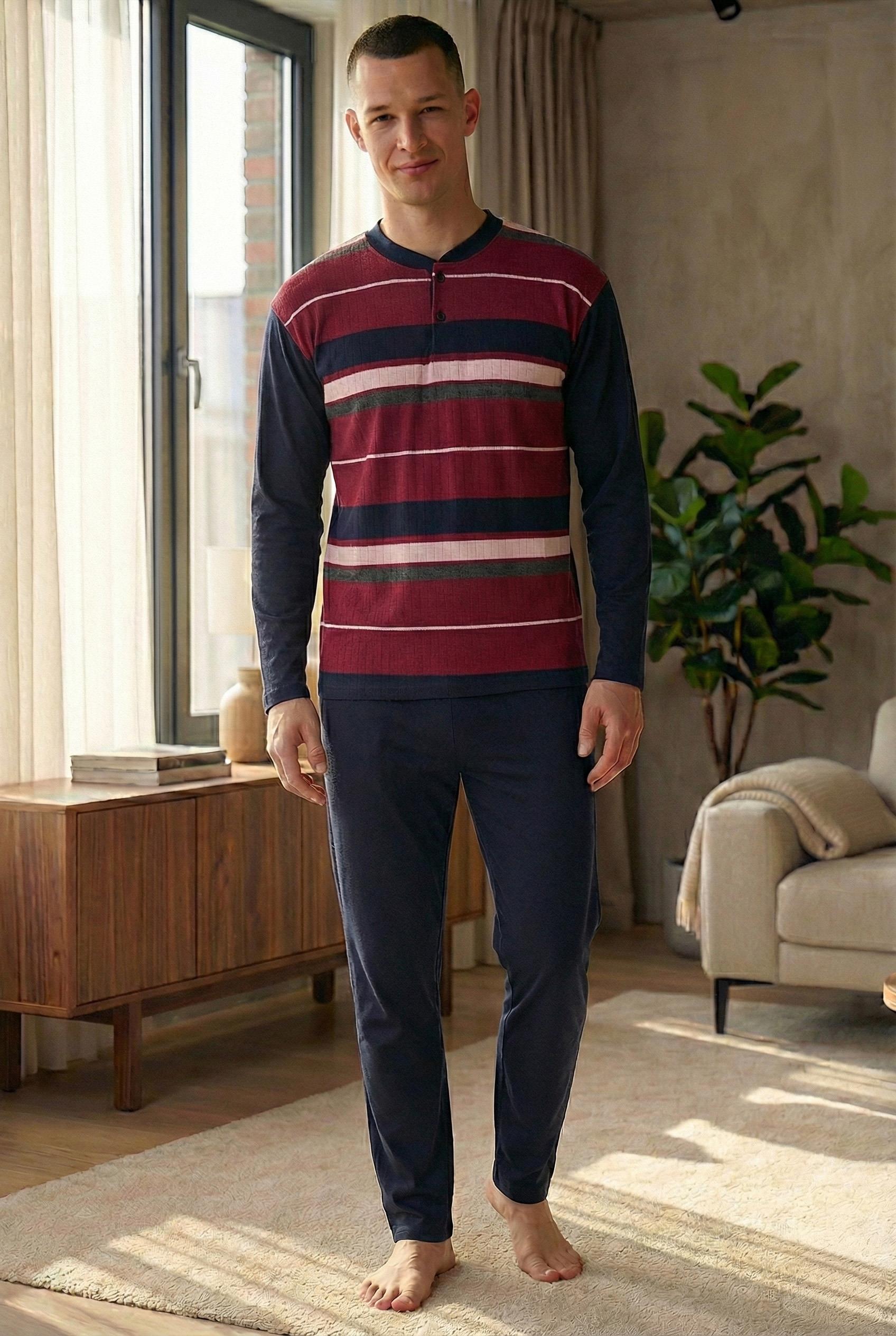 Erkek İnterlok Uzun Kol Yakası İki Düğmeli Yatay Çizgi Desenli  Altı Uzun Pijama Takımı