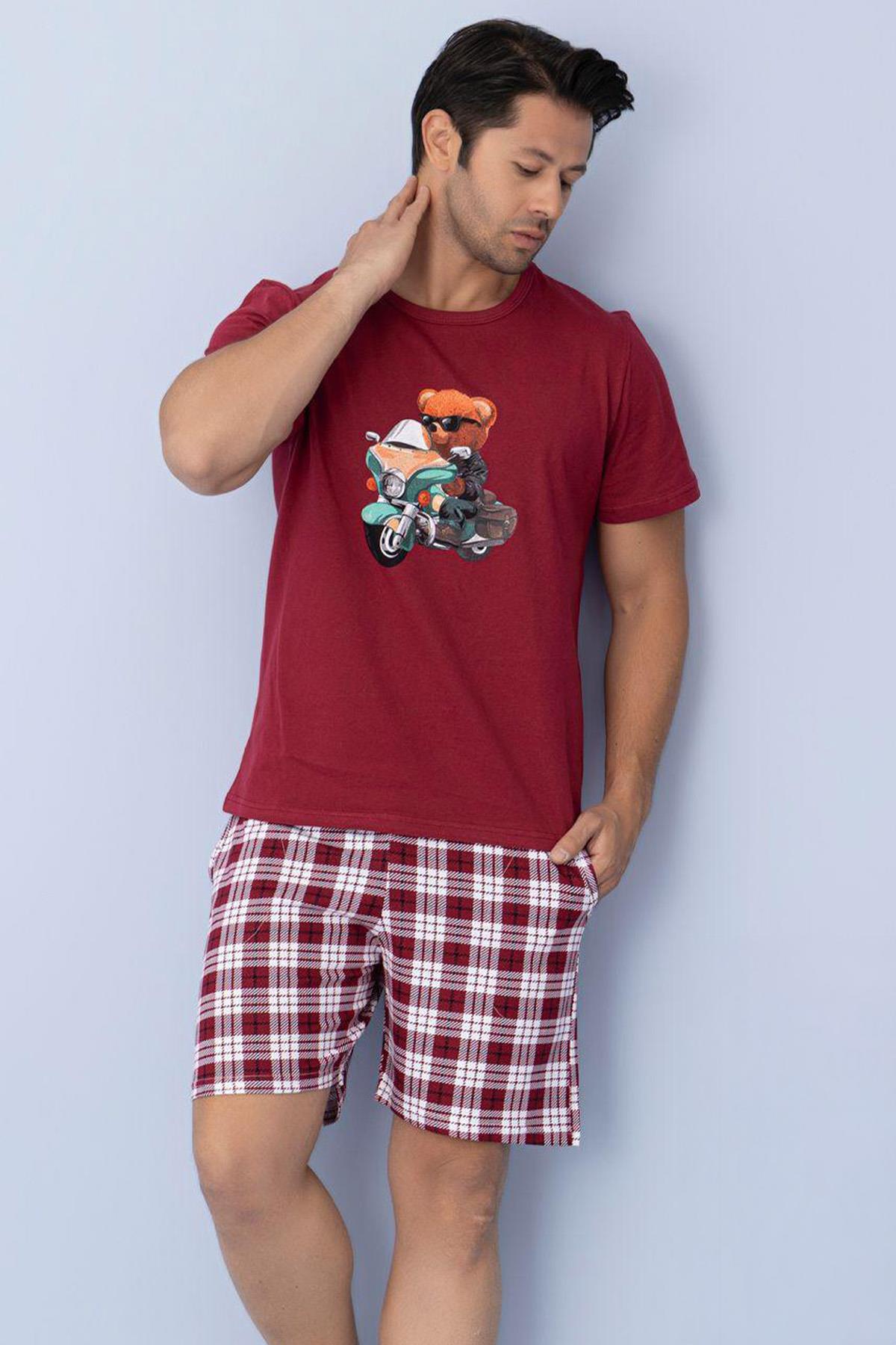 Erkek Üstü Baskılı Altı Ekose Desenli  Kısa Kol Şortlu Pijama Takımı Bordo