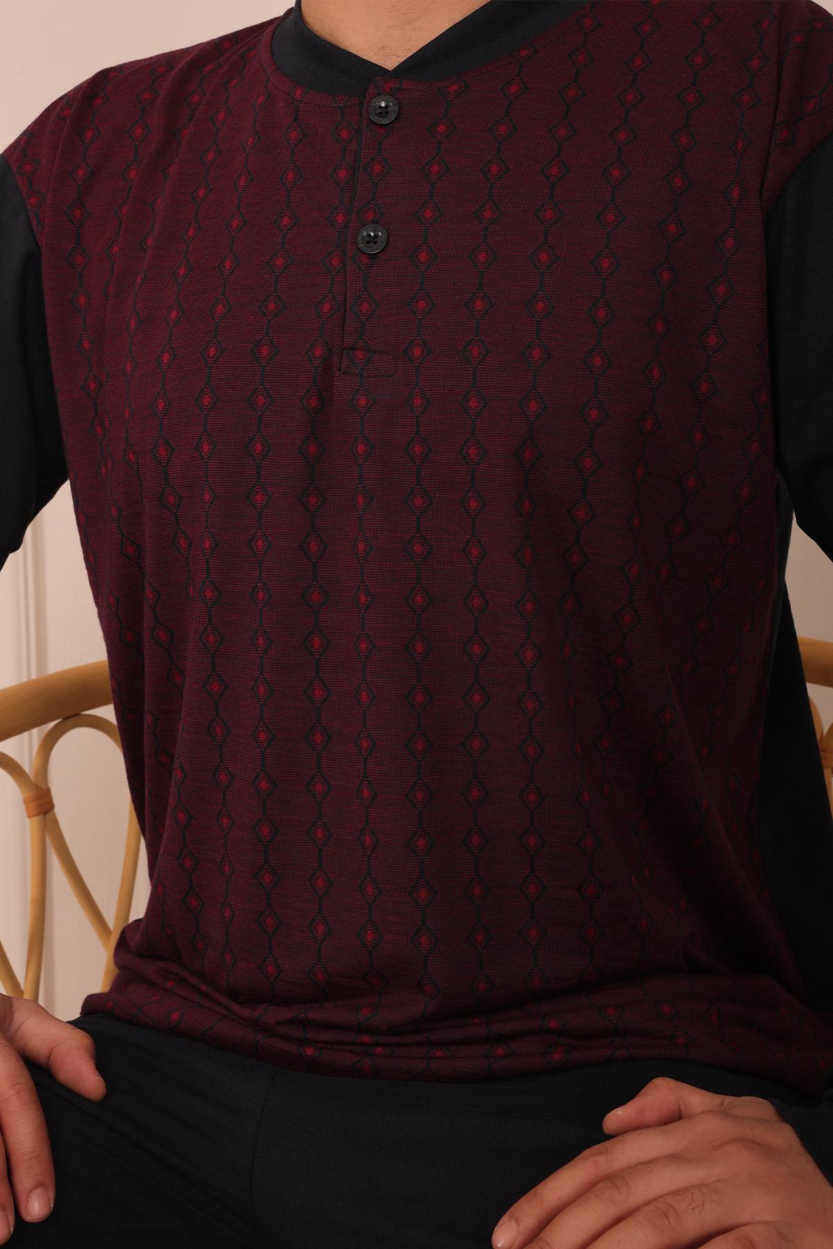 Erkek Yakası İki Düğmeli Uzun Kol Jakarlı Penye Pijama Takımı