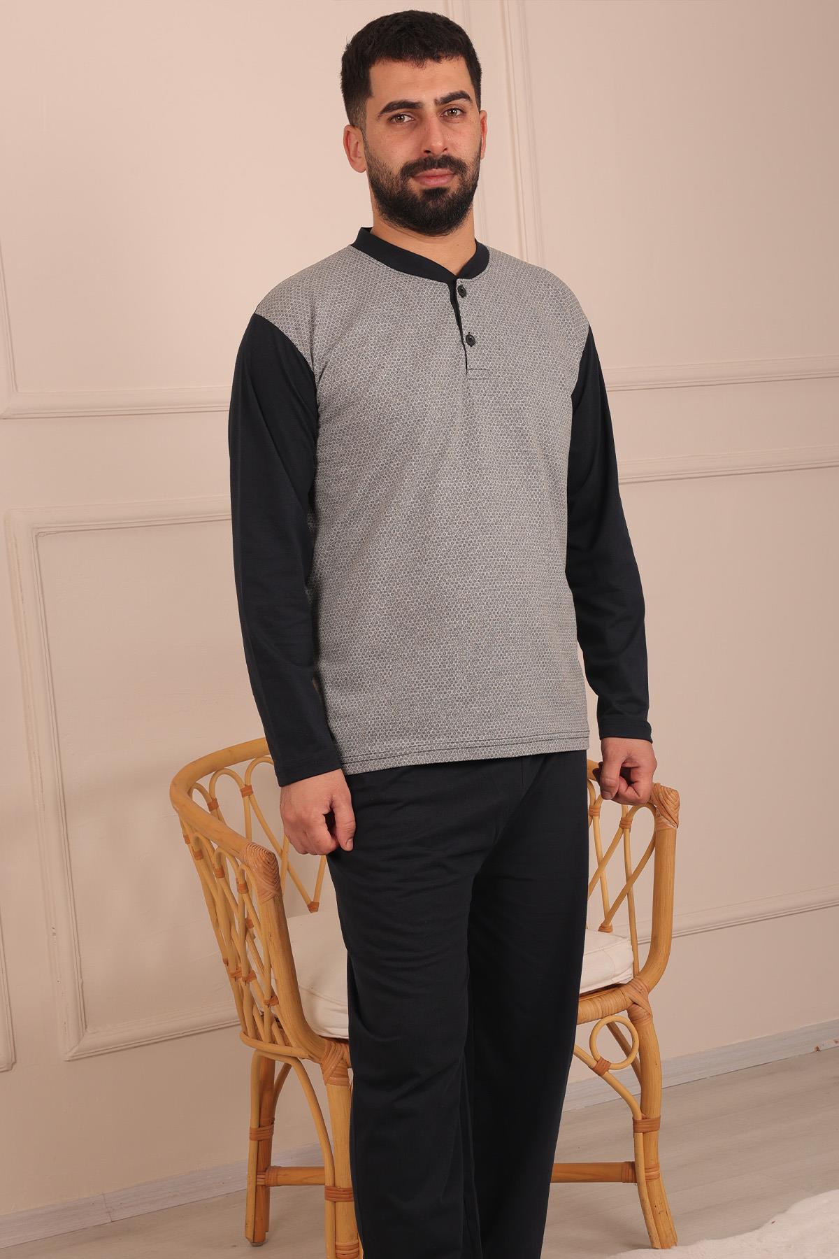 Erkek Yakası İki Düğmeli Uzun Kol Jakarlı Penye Pijama Takımı