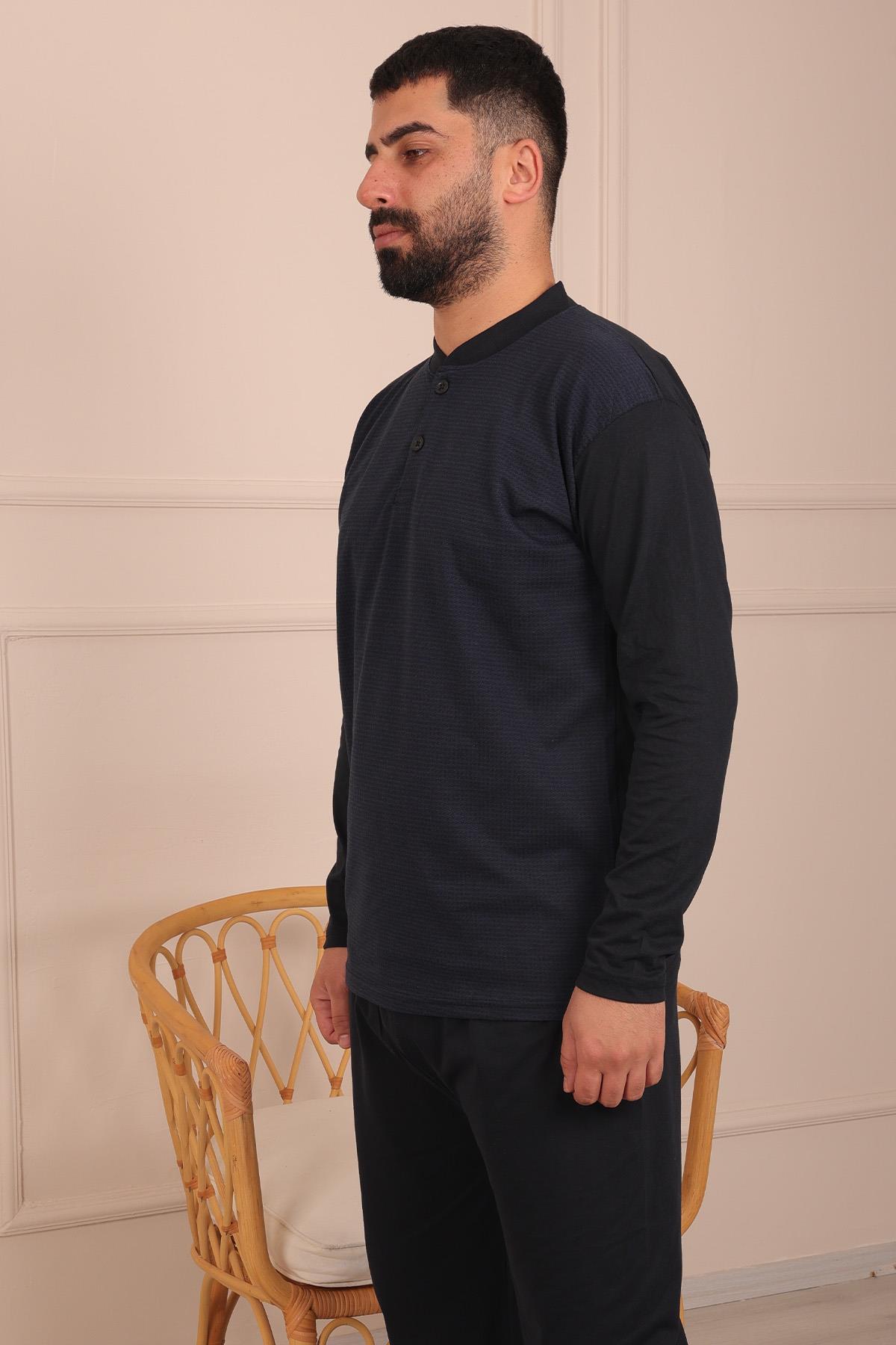 Erkek Yakası İki Düğmeli Uzun Kol Jakarlı Penye Pijama Takımı