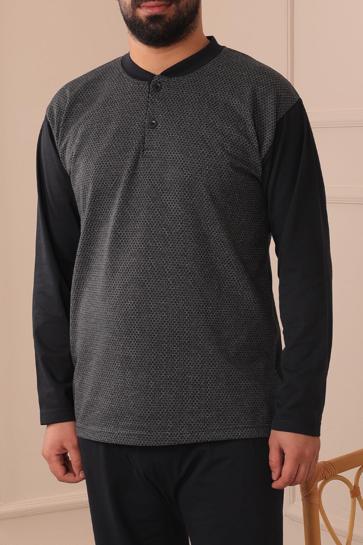 Erkek Yakası İki Düğmeli Uzun Kol Jakarlı Penye Pijama Takımı