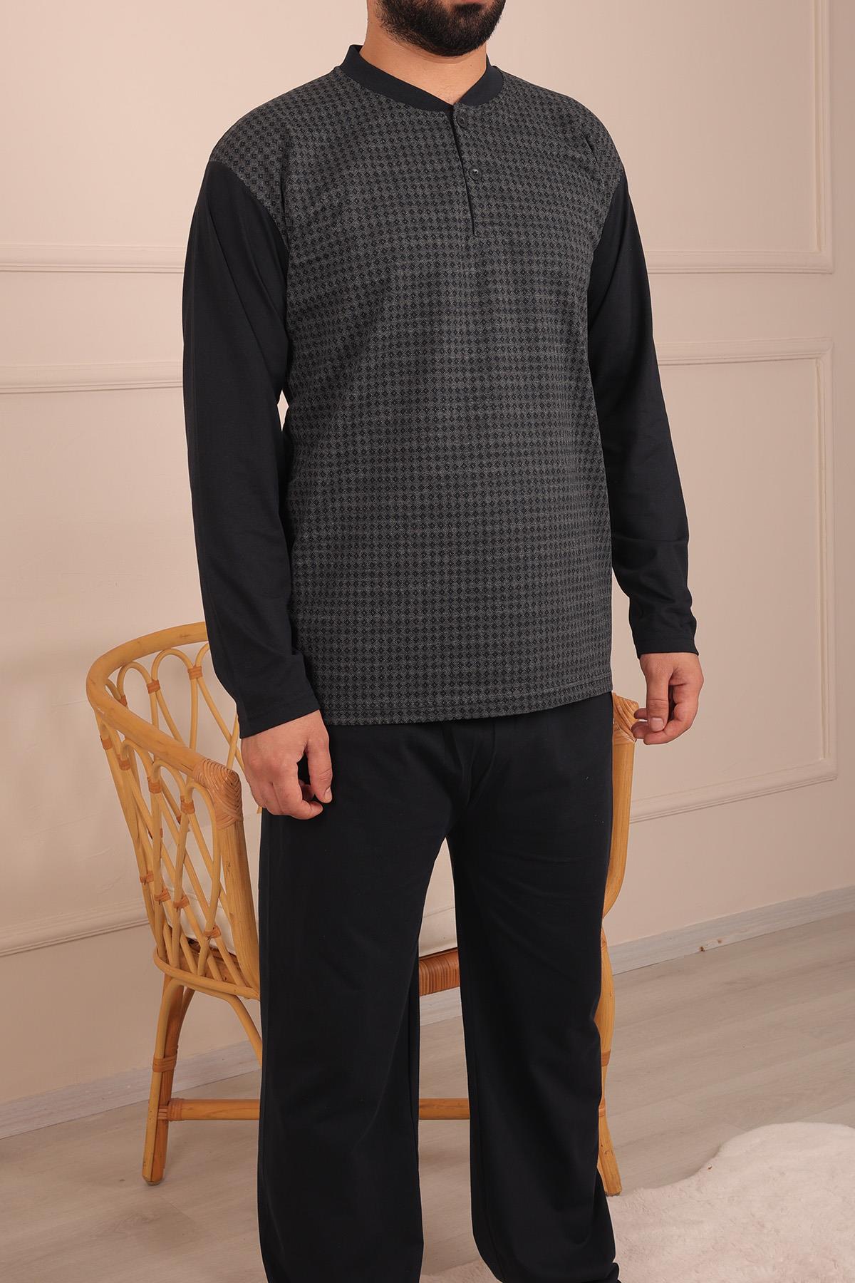 Erkek Yakası İki Düğmeli Uzun Kol Jakarlı Penye Pijama Takımı