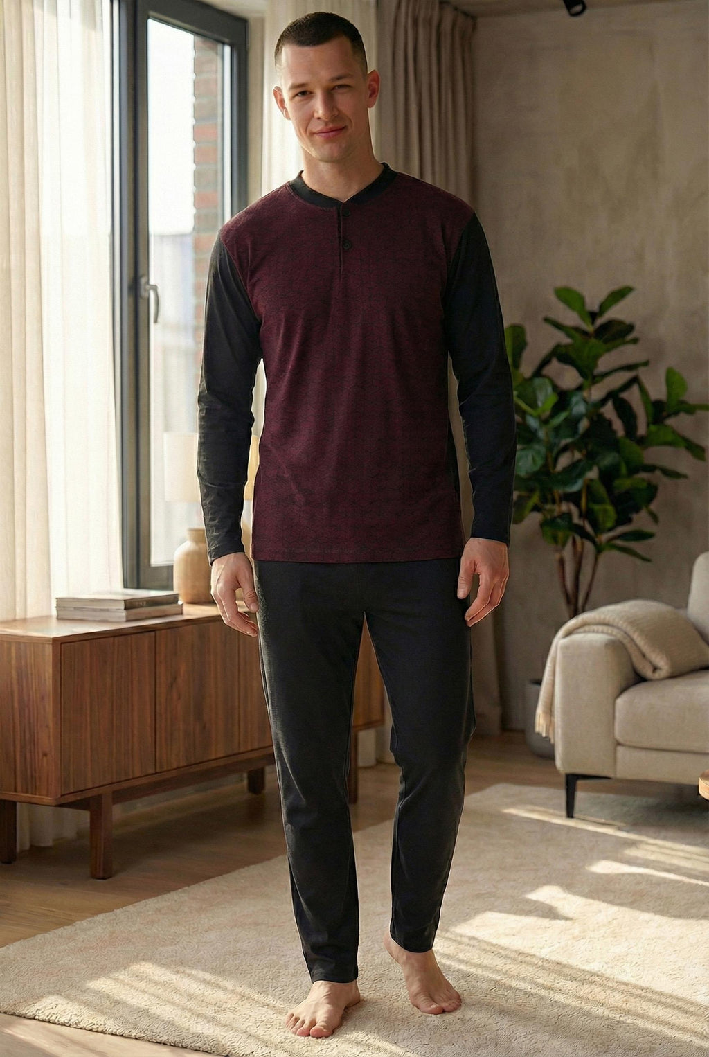 Erkek Yakası İki Düğmeli Uzun Kol Jakarlı Penye Pijama Takımı