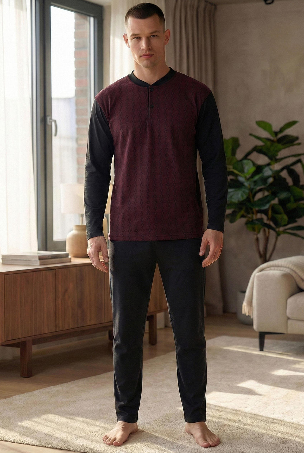 Erkek Yakası İki Düğmeli Uzun Kol Jakarlı Penye Pijama Takımı