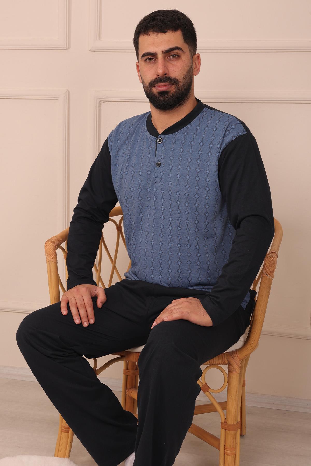 Erkek Yakası İki Düğmeli Uzun Kol Jakarlı Penye Pijama Takımı