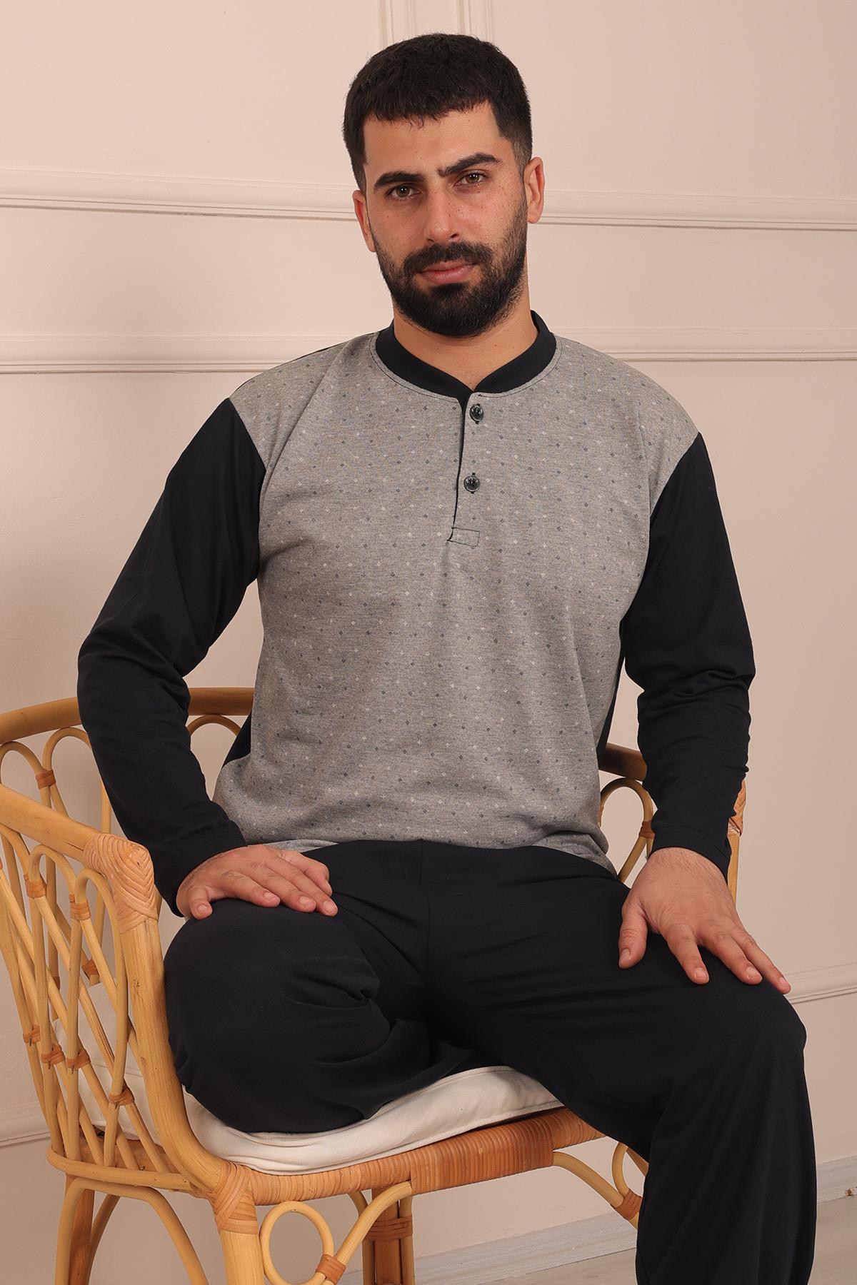 Erkek Yakası İki Düğmeli Uzun Kol Jakarlı Penye Pijama Takımı