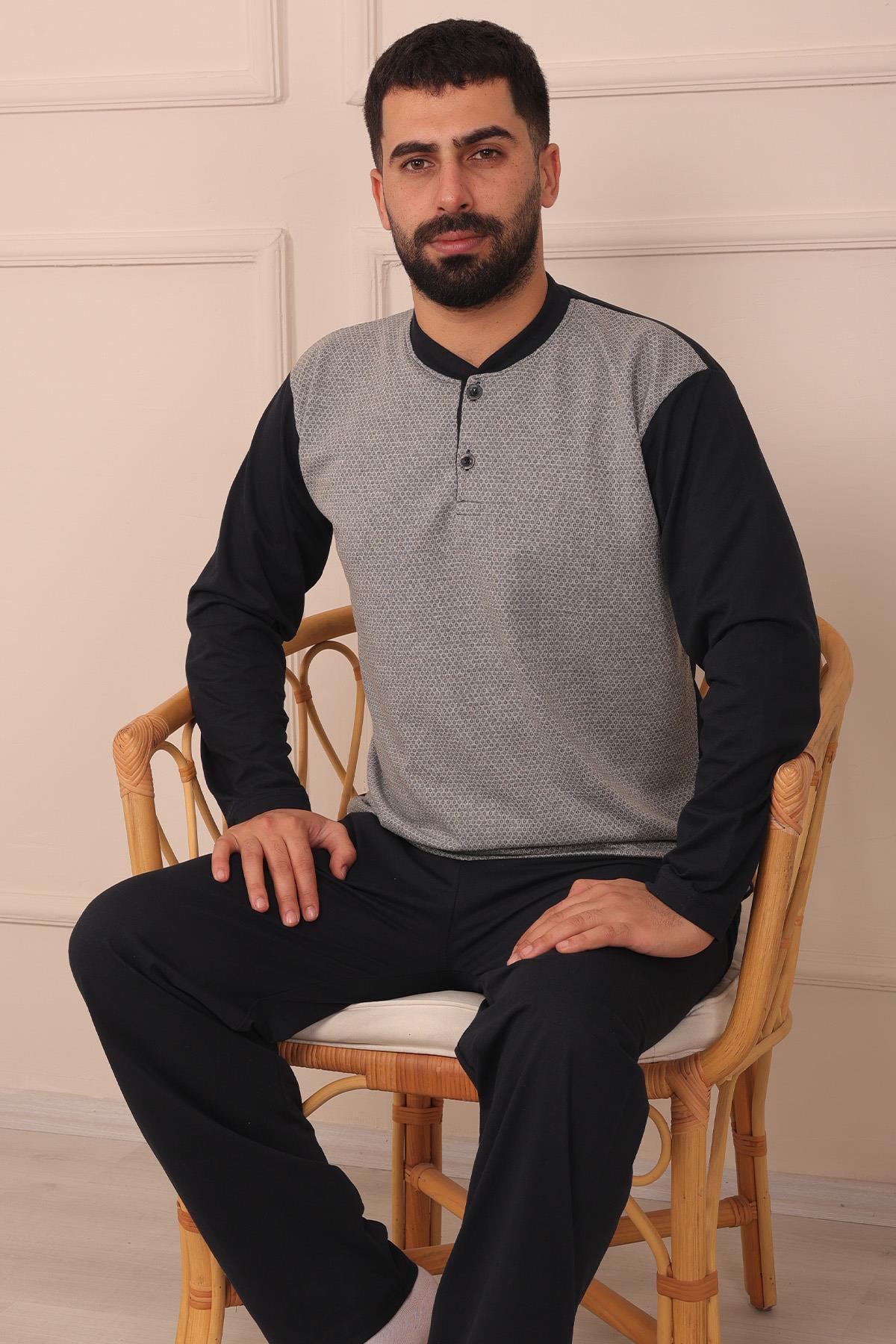 Erkek Yakası İki Düğmeli Uzun Kol Jakarlı Penye Pijama Takımı