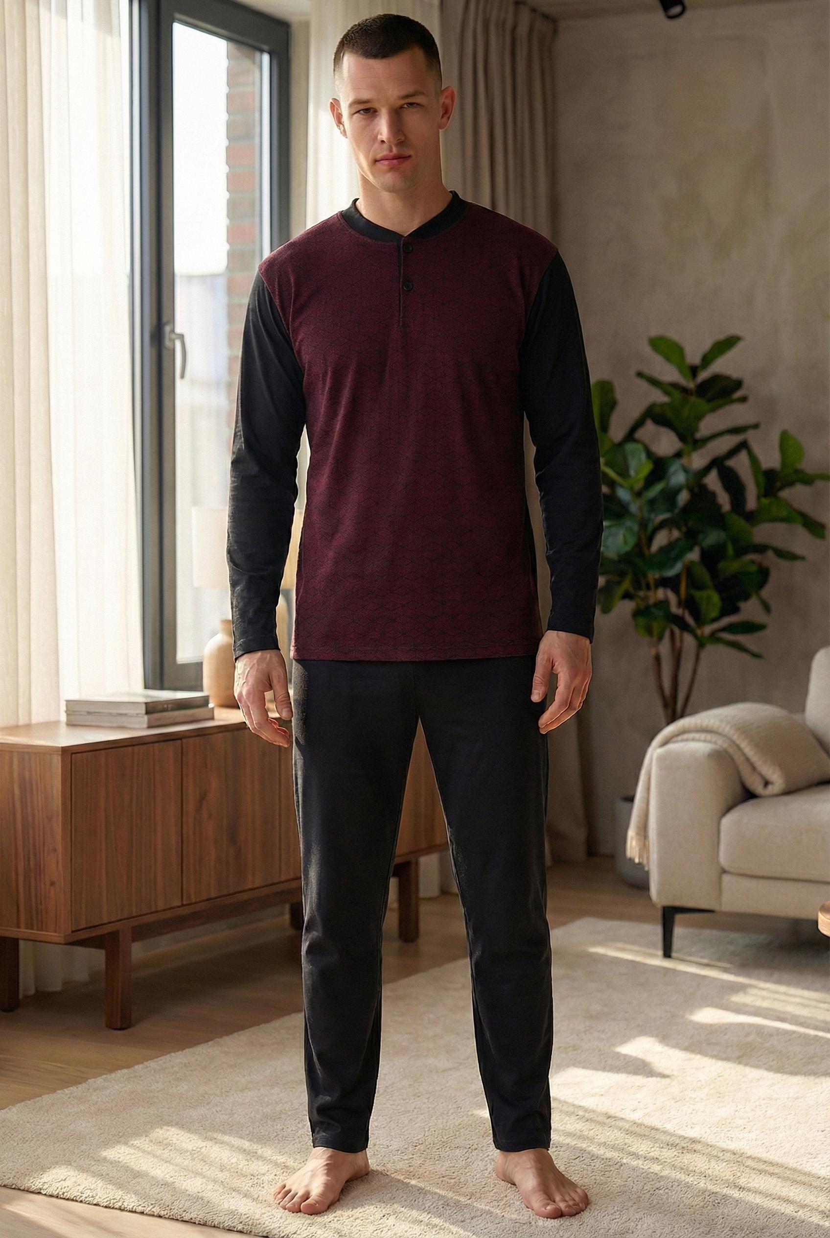 Erkek Yakası İki Düğmeli Uzun Kol Jakarlı Penye Pijama Takımı