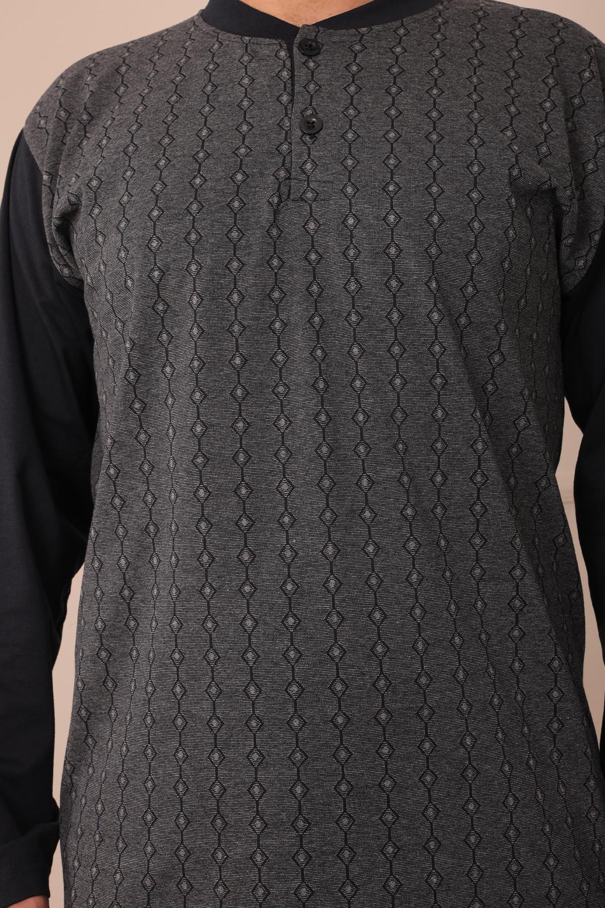 Erkek Yakası İki Düğmeli Uzun Kol Jakarlı Penye Pijama Takımı