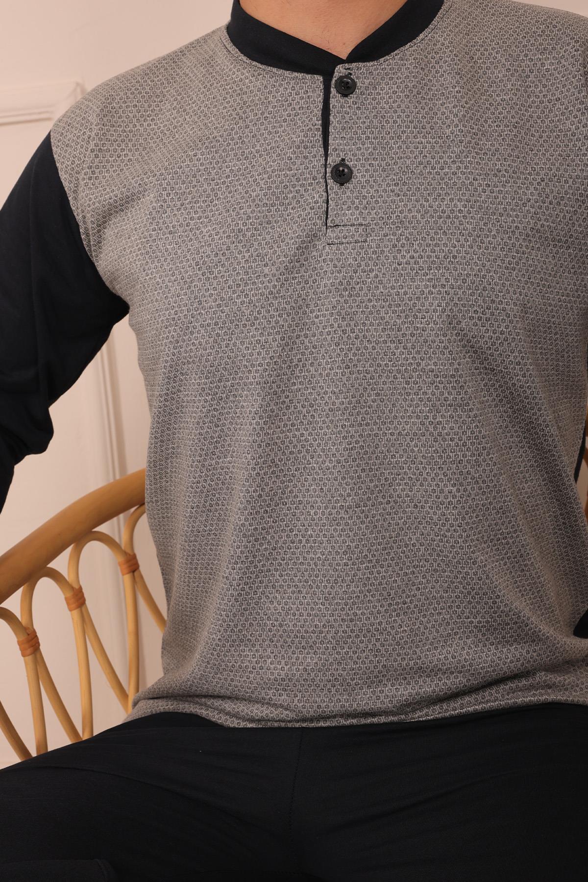 Erkek Yakası İki Düğmeli Uzun Kol Jakarlı Penye Pijama Takımı