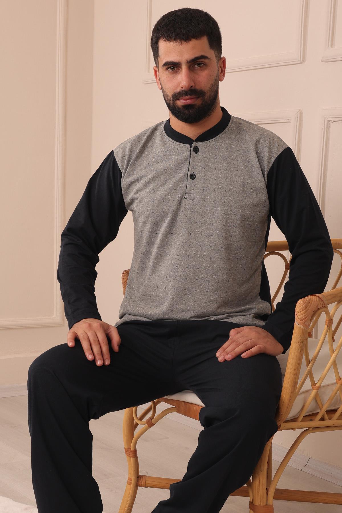 Erkek Yakası İki Düğmeli Uzun Kol Jakarlı Penye Pijama Takımı