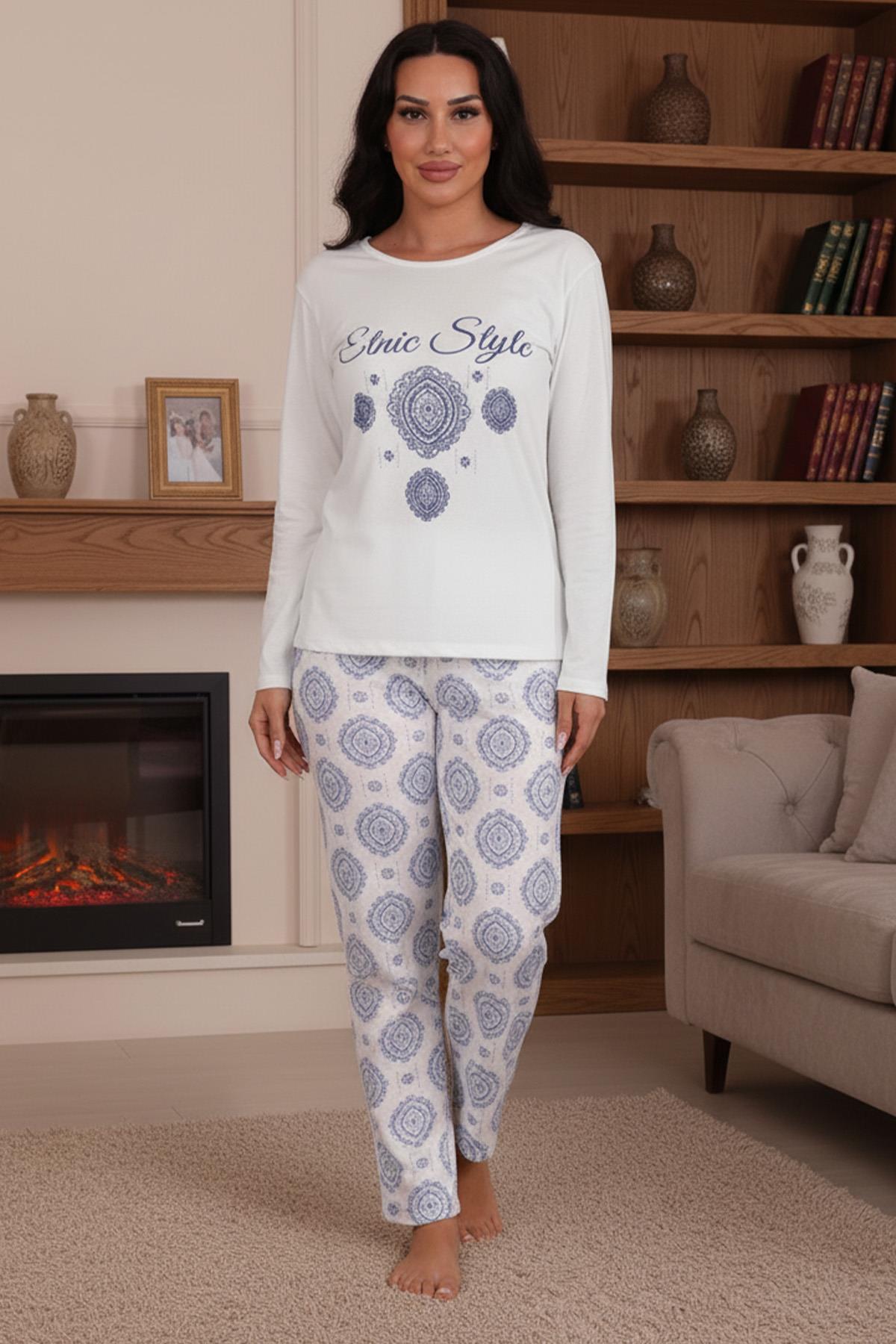 Etnik Desenli İnterlok Uzun Kol Pijama Takımı