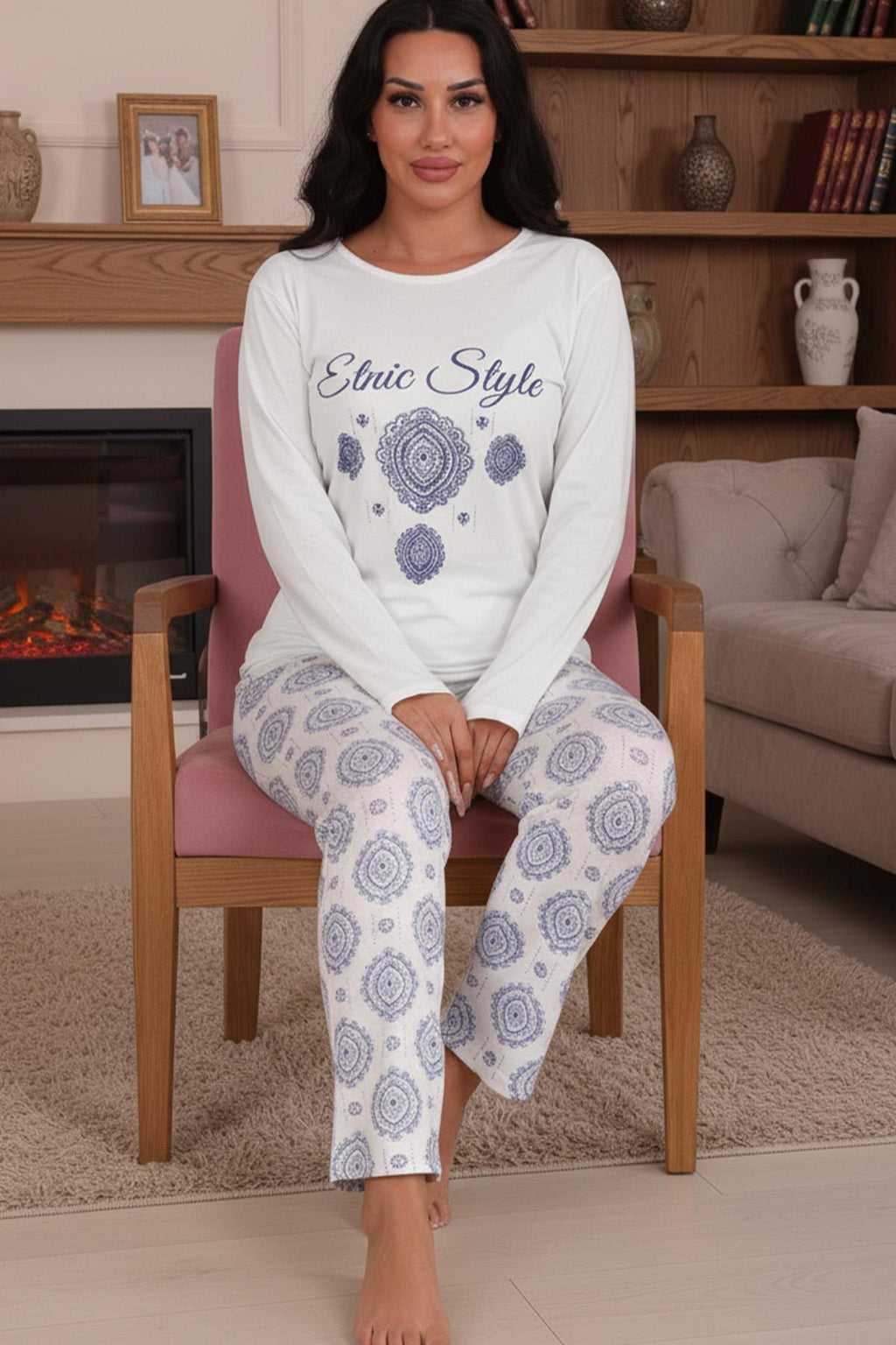 Etnik Desenli İnterlok Uzun Kol Pijama Takımı