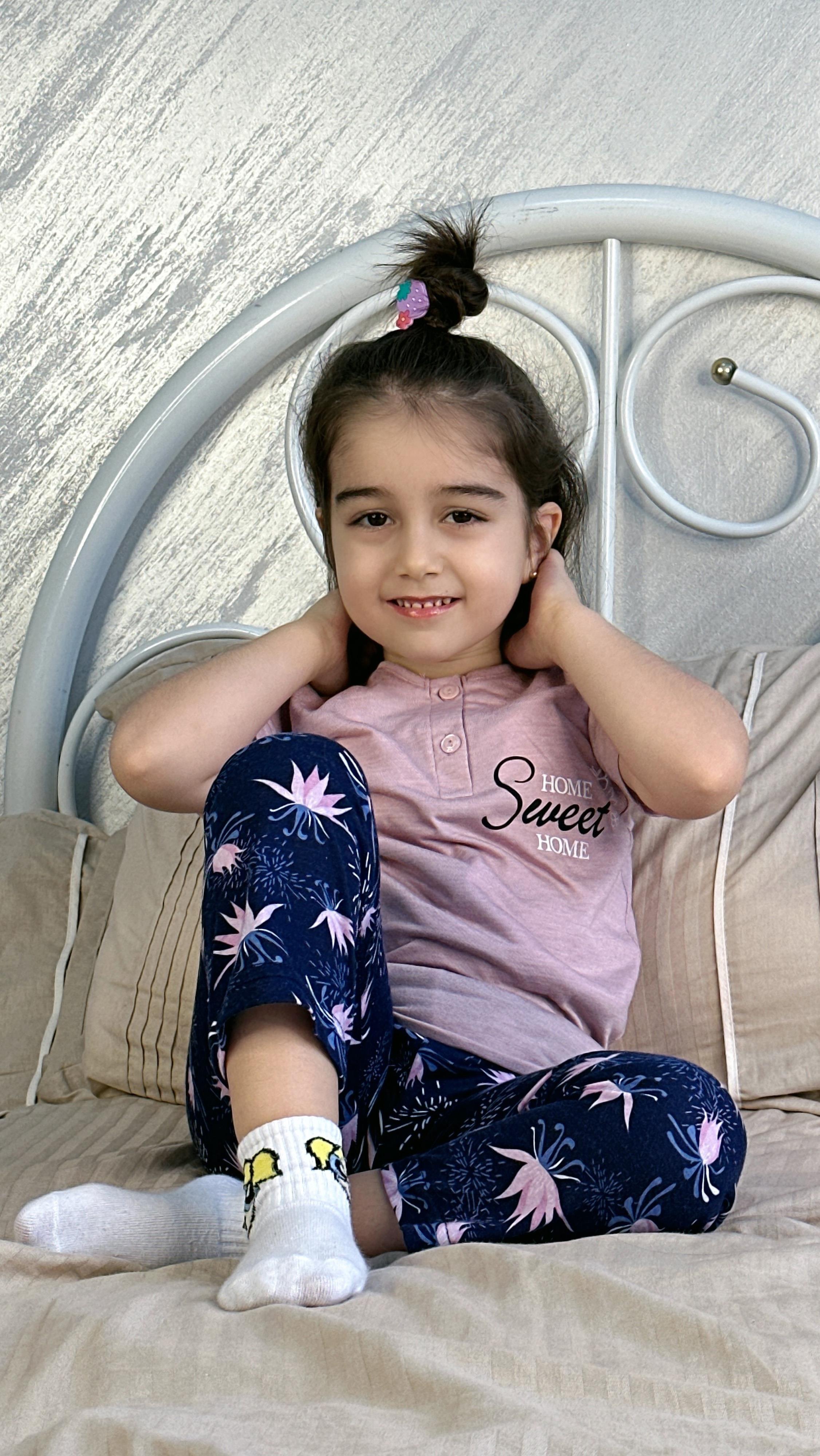 Gül Kurusu  Üç Düğme Çiçek Desenli Kız Çocuk Pijama Takımı GÜL KURUSU