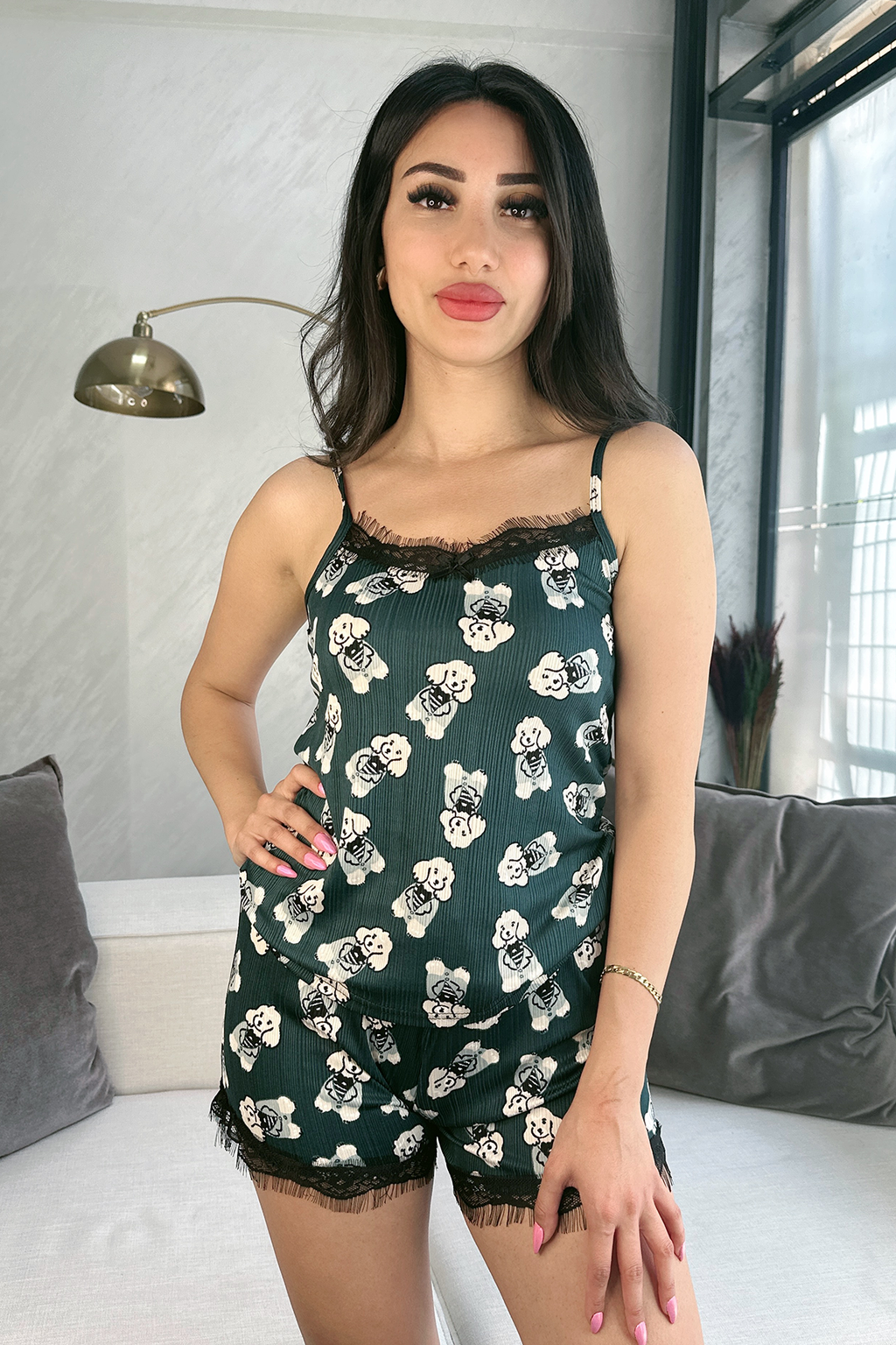 Hayvan Figürlü İp Askılı Şortlu Pijama Takımı YEŞİL