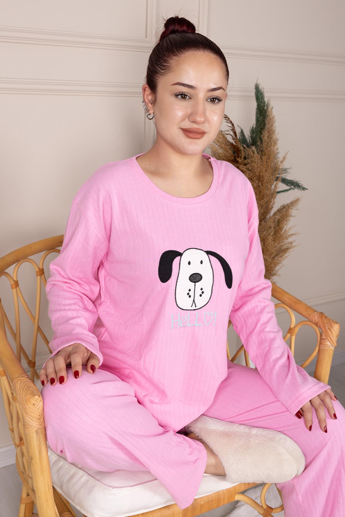Hello Sloganlı Köpek Deseni İşlemeli Fitilli Uzun Kollu Pijama Takımı PEMBE
