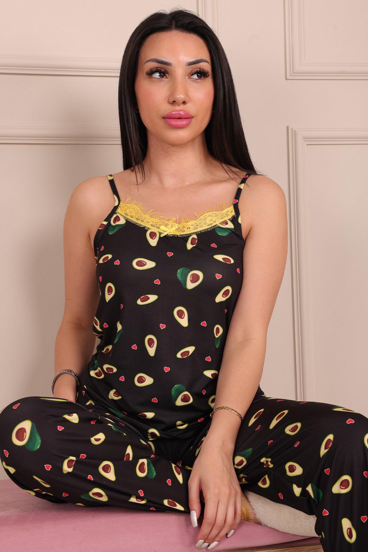 Kadın Avokado Desenli İp Askılı Altı Uzun Milan Pijama Takımı