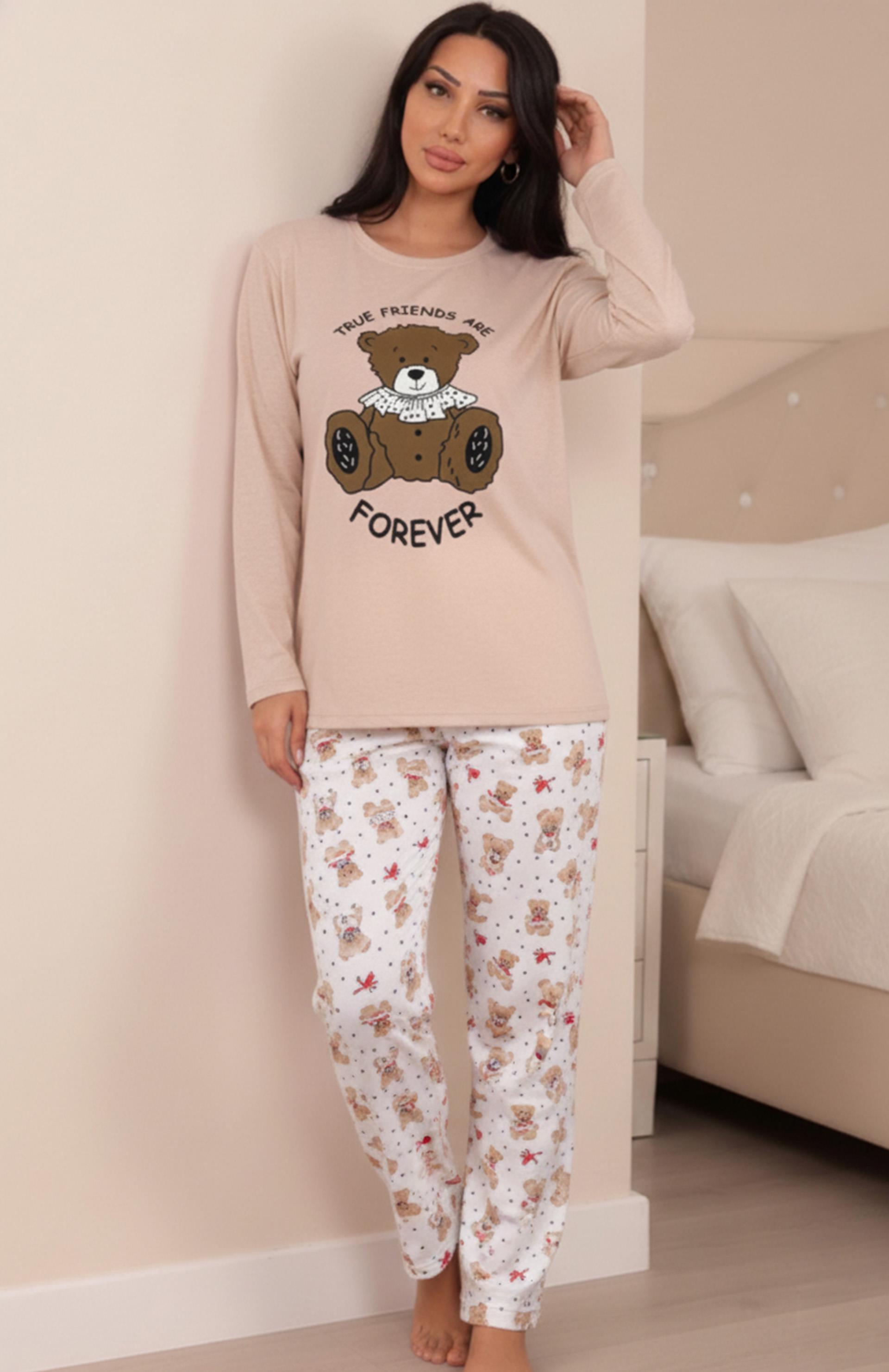 Kadın Ayıcık Baskılı Altı Desenli  İnterlok Bisiklet Yaka Uzun Kol Altı Uzun Pijama Takımı